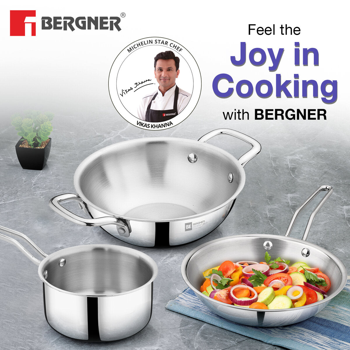 Bergner BE Essentials Tripro TriPly Stainless Steel 3 Pcs Cookware Set of Kadai 24cm (3 L), Teapan 14cm, Frypan 22cm - Induction Bottom