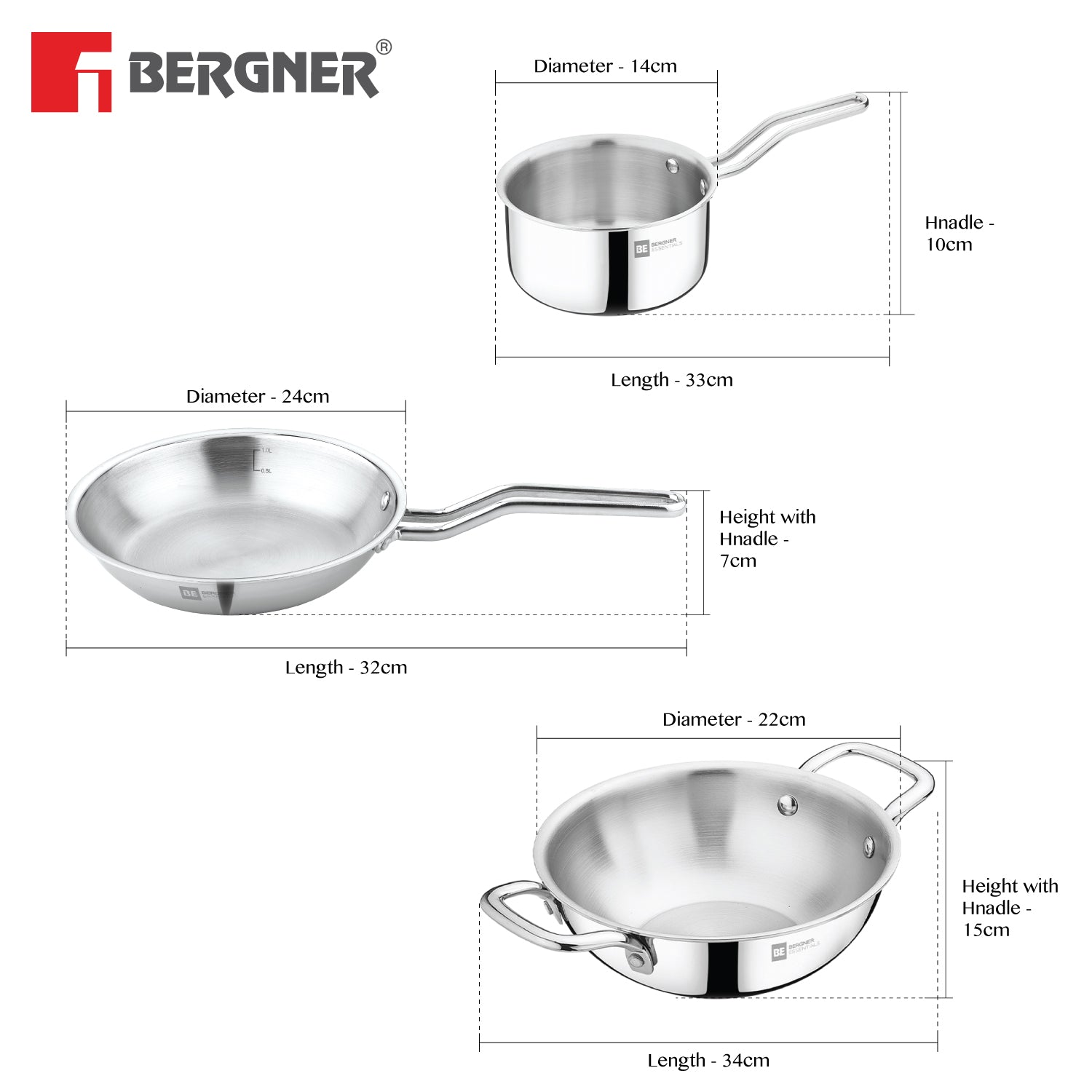 Bergner BE Essentials Tripro TriPly Stainless Steel 3 Pcs Cookware Set of Kadai 24cm (3 L), Teapan 14cm, Frypan 22cm - Induction Bottom