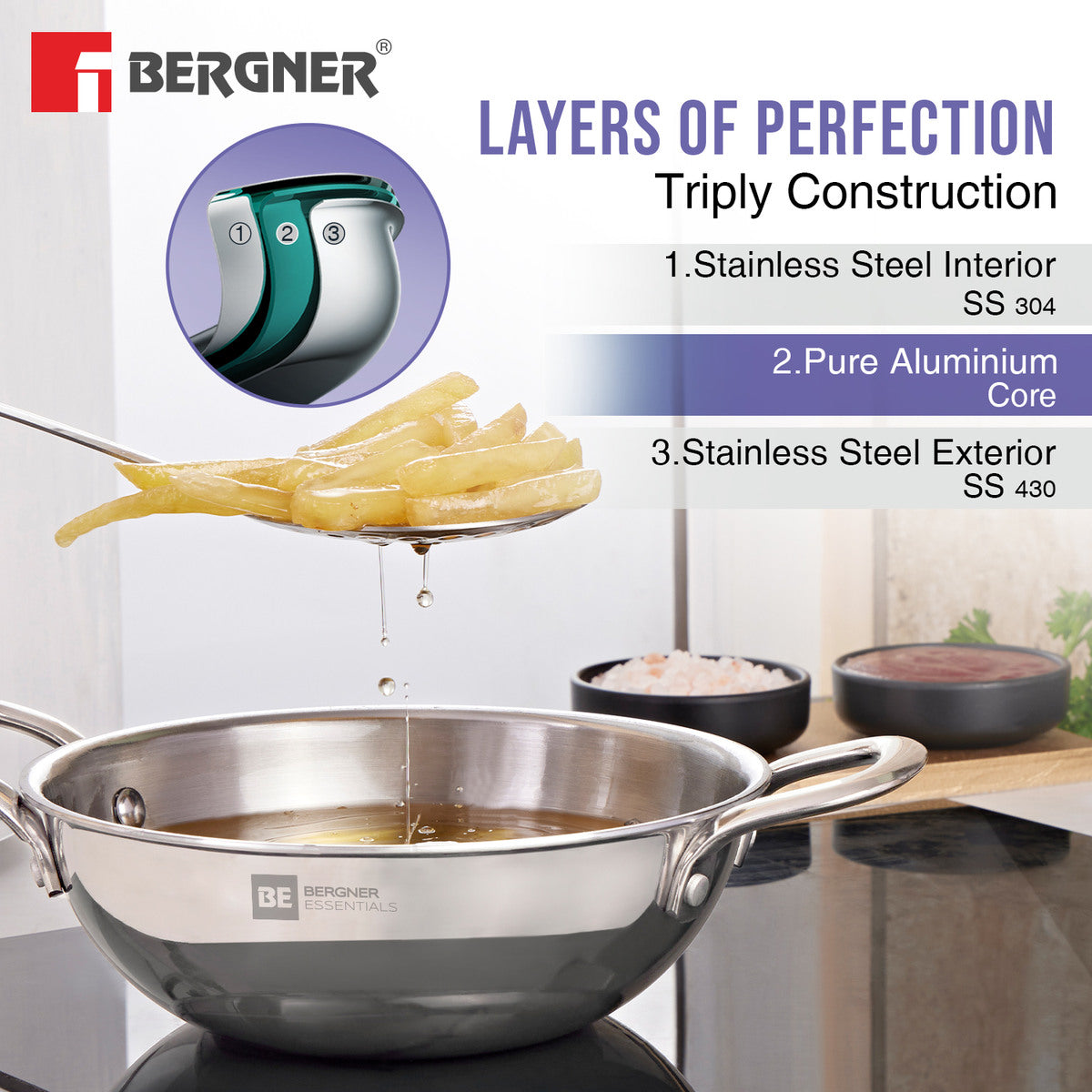 Bergner BE Essentials TriPro Tri-Ply Stainless Steel 3 Pcs Cookware Set of Kadai 24cm (3 L), Teapan 14cm, Frypan 22cm - Induction Bottom