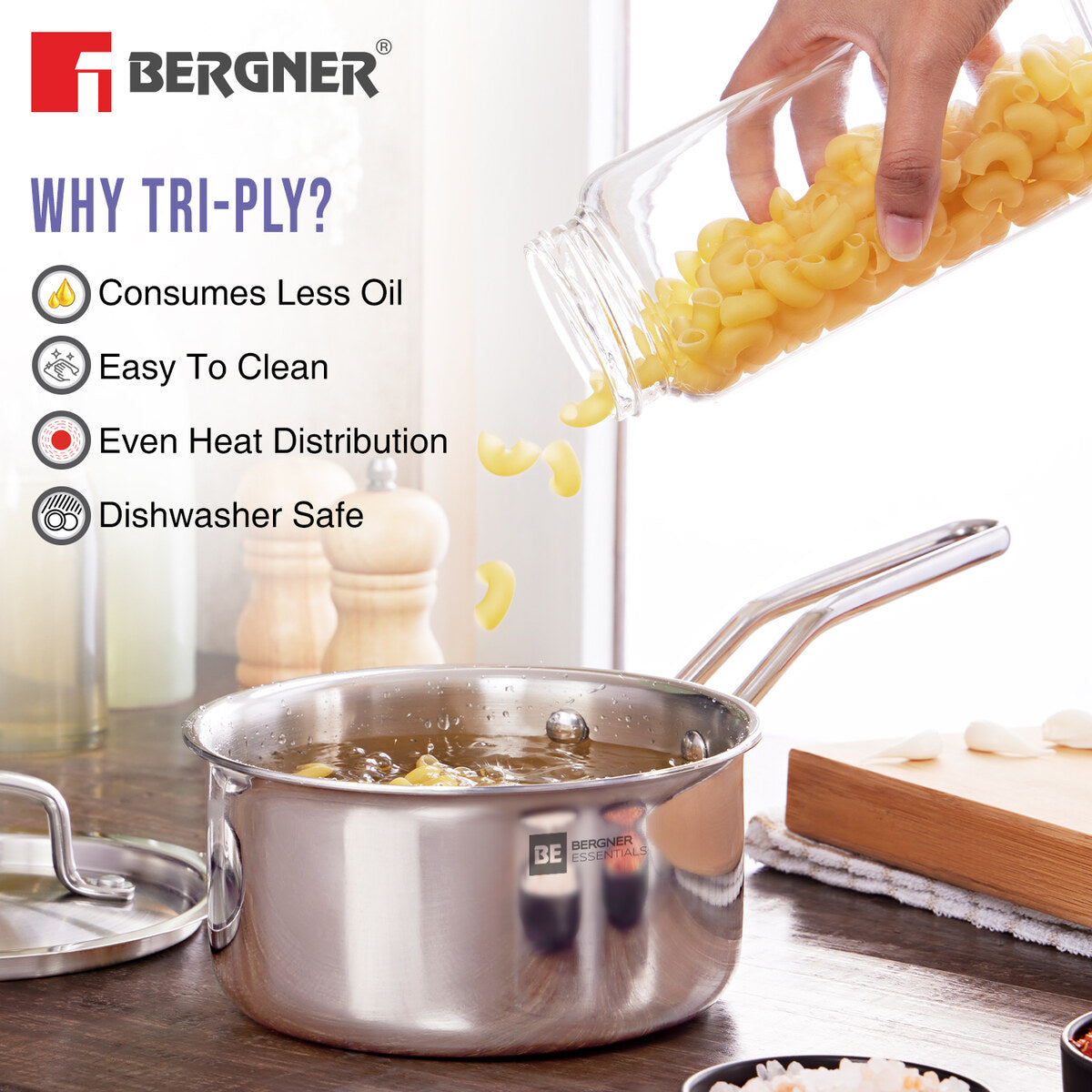 Bergner BE Essentials Tripro TriPly Stainless Steel 3 Pcs Cookware Set of Kadai 24cm (3 L), Teapan 14cm, Frypan 22cm - Induction Bottom