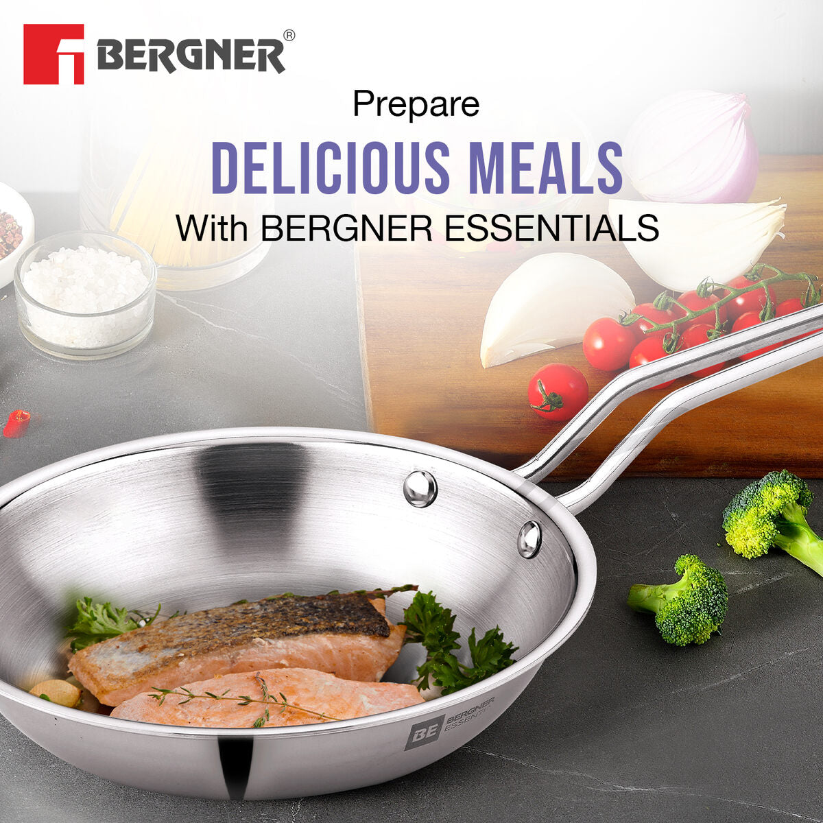 Bergner BE Essentials Tripro TriPly Stainless Steel 3 Pcs Cookware Set of Kadai 24cm (3 L), Teapan 14cm, Frypan 22cm - Induction Bottom