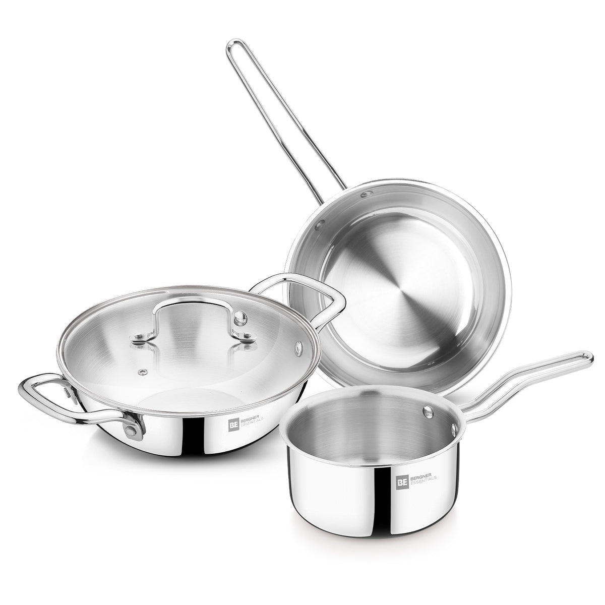 Bergner BE Essentials Tri-Ply Stainless Steel 4 Pcs Cookware Set - 22cm (2.6 L) Kadai with Lid, 22cm Frypan and 14cm saucepan - Induction Bottom (5-Year Warranty)