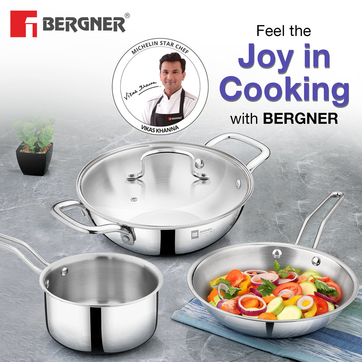 Bergner BE Essentials Tri-Ply Stainless Steel 4 Pcs Cookware Set - 22cm (2.6 L) Kadai with Lid, 22cm Frypan and 14cm saucepan - Induction Bottom (5-Year Warranty)