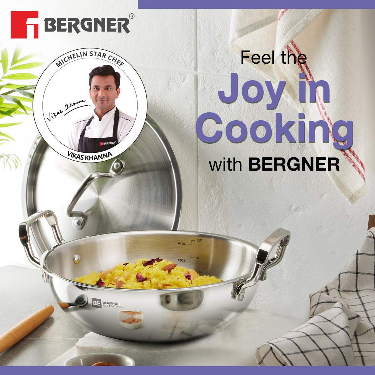 Bergner BE Essentials TriPro Triply Stainless Steel 24cm (3.1 L) Kadai - Induction Bottom