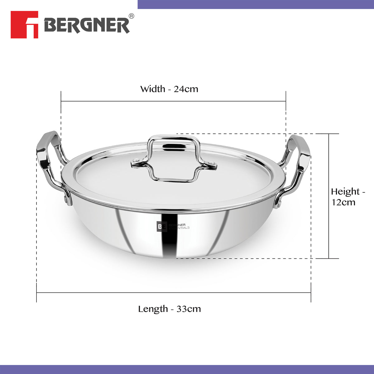 Bergner BE Essentials TriPro Triply Stainless Steel 24cm (3.1 L) Kadai - Induction Bottom