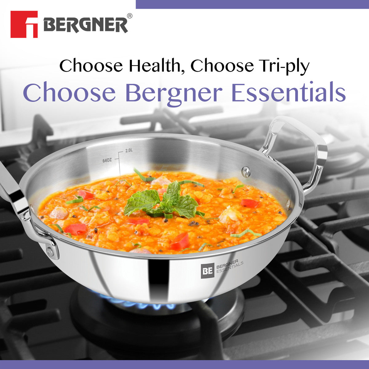 BE Essentials TriPro Tri-Ply Stainless Steel Kadai 24cm (3L)