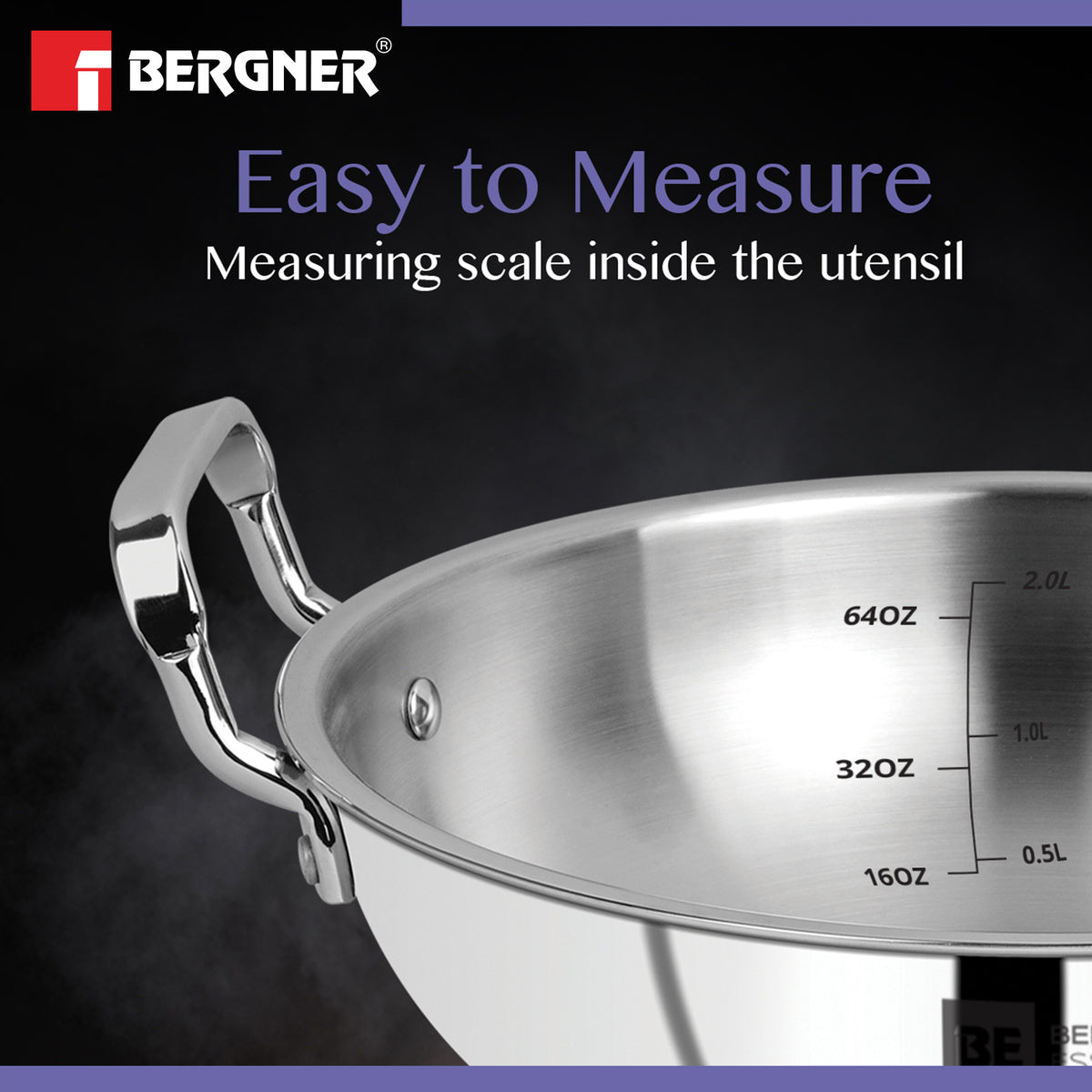 Bergner BE Essentials TriPro Triply Stainless Steel 24cm (3.1 L) Kadai - Induction Bottom