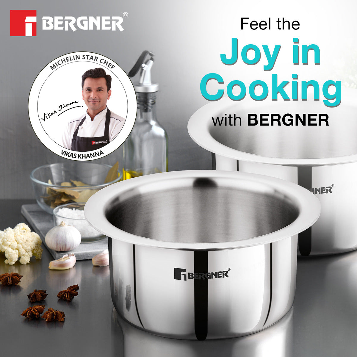 Bergner TriPro Tri-Ply Stainless Steel 2 Pcs - 14cm (1.3 L) and 16cm (2 L) Tope Set, Less Oil Use for Health Cooking - Induction Bottom