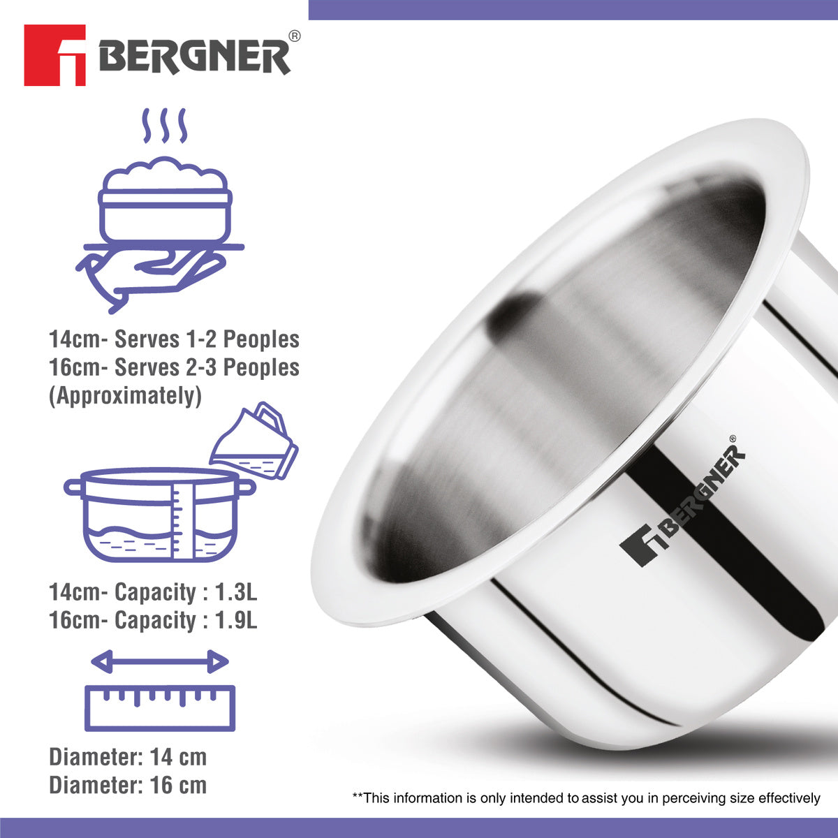 Bergner TriPro Tri-Ply Stainless Steel 2 Pcs - 14cm (1.3 L) and 16cm (2 L) Tope Set, Less Oil Use for Health Cooking - Induction Bottom