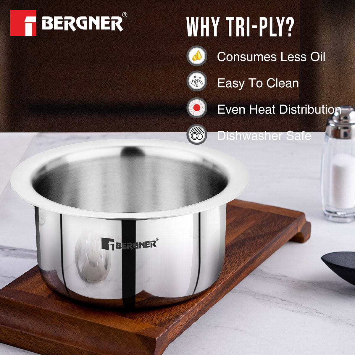 Bergner TriPro Tri-Ply Stainless Steel 2 Pcs - 14cm (1.3 L) and 16cm (2 L) Tope Set, Less Oil Use for Health Cooking - Induction Bottom