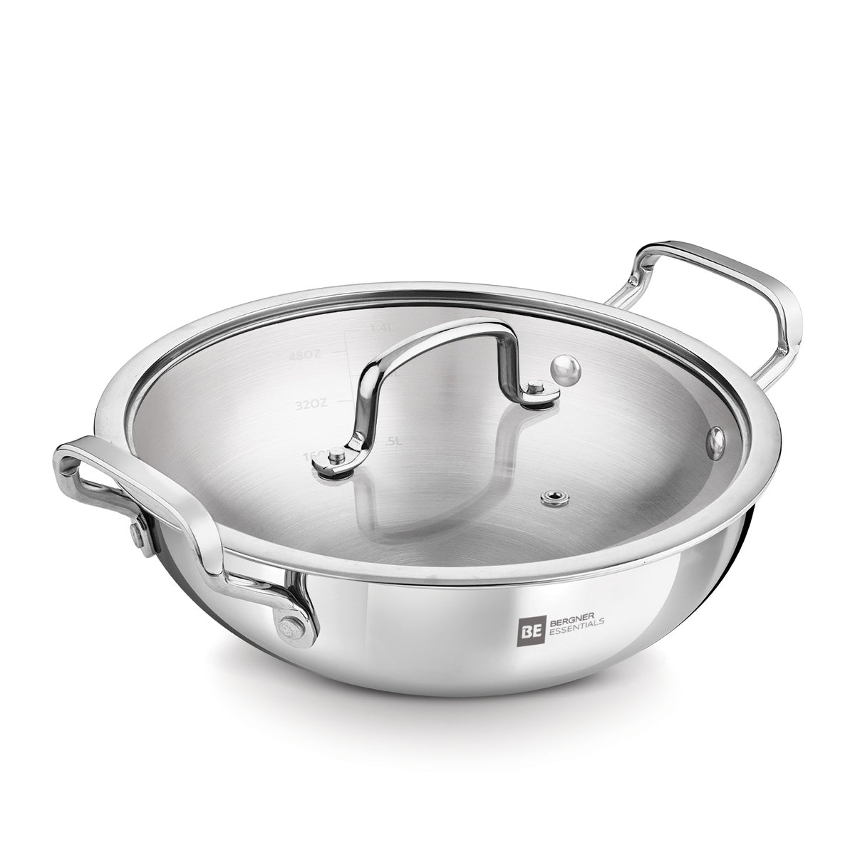 Bergner BE Essentials Triply Stainless Steel Kadai with Flat Glass Lid, Consumes Less Oil - Full Induction Bottom