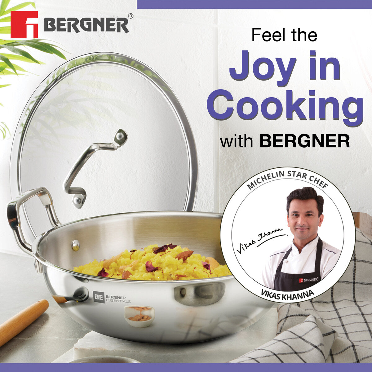 Bergner BE Essentials Triply Stainless Steel Kadai with Flat Glass Lid, Consumes Less Oil - Full Induction Bottom