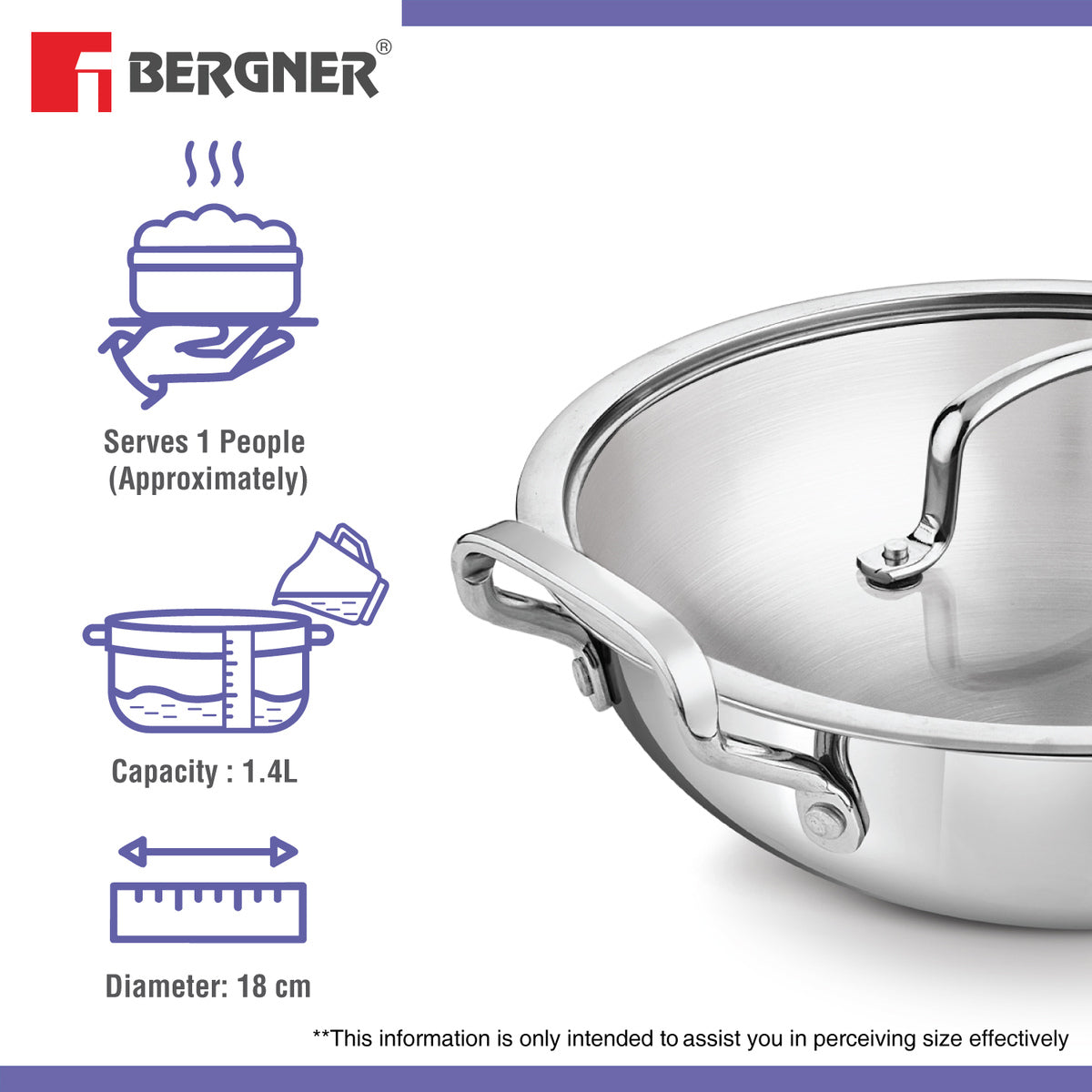 Bergner BE Essentials Triply Stainless Steel Kadai with Flat Glass Lid, Consumes Less Oil - Full Induction Bottom