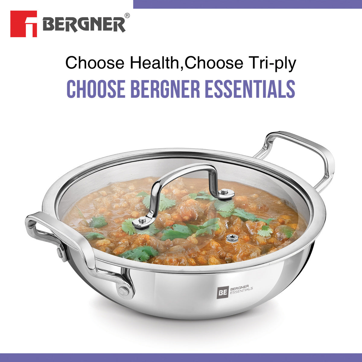 Bergner BE Essentials Triply Stainless Steel Kadai with Flat Glass Lid, Consumes Less Oil - Full Induction Bottom