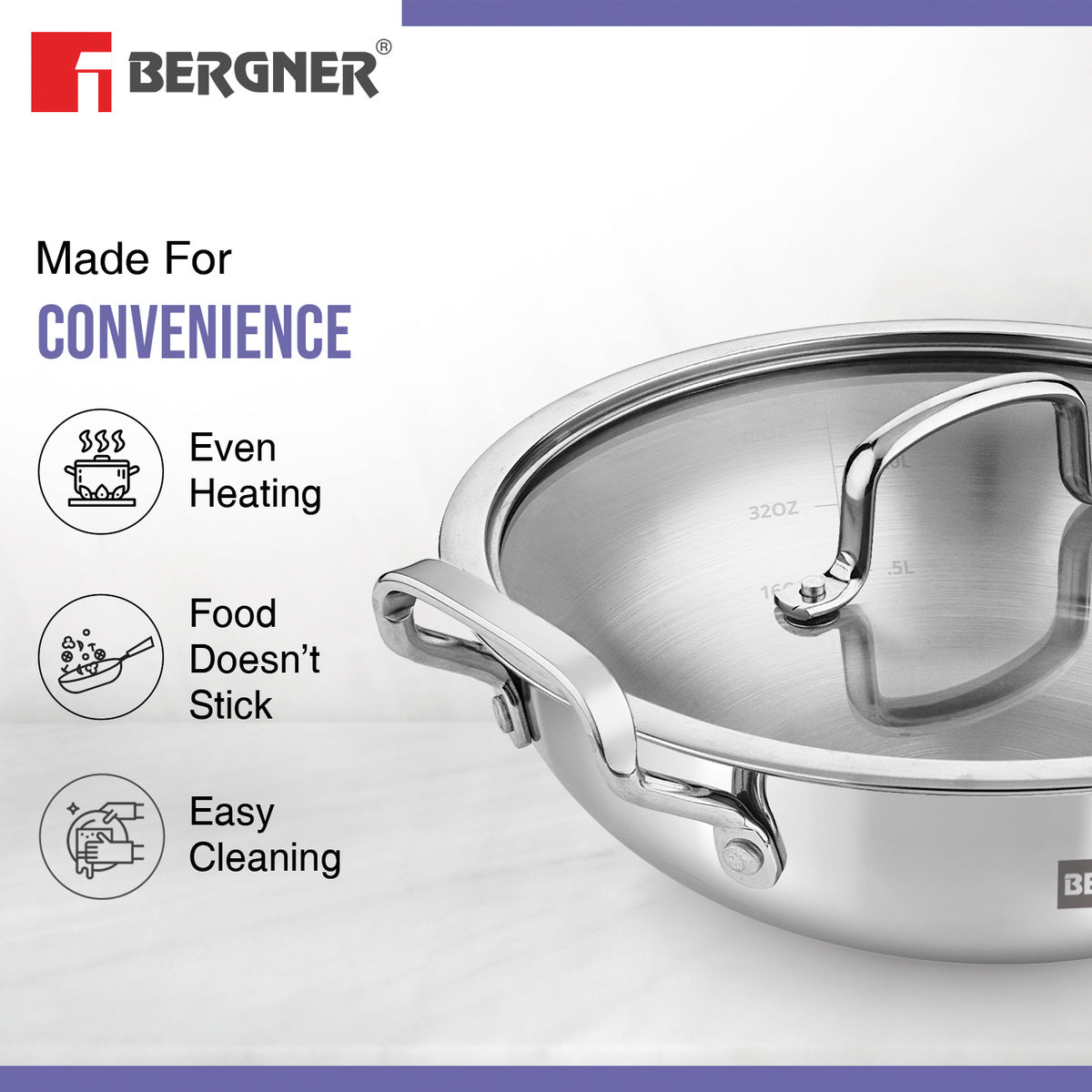 Bergner BE Essentials Triply Stainless Steel Kadai with Flat Glass Lid, Consumes Less Oil - Full Induction Bottom