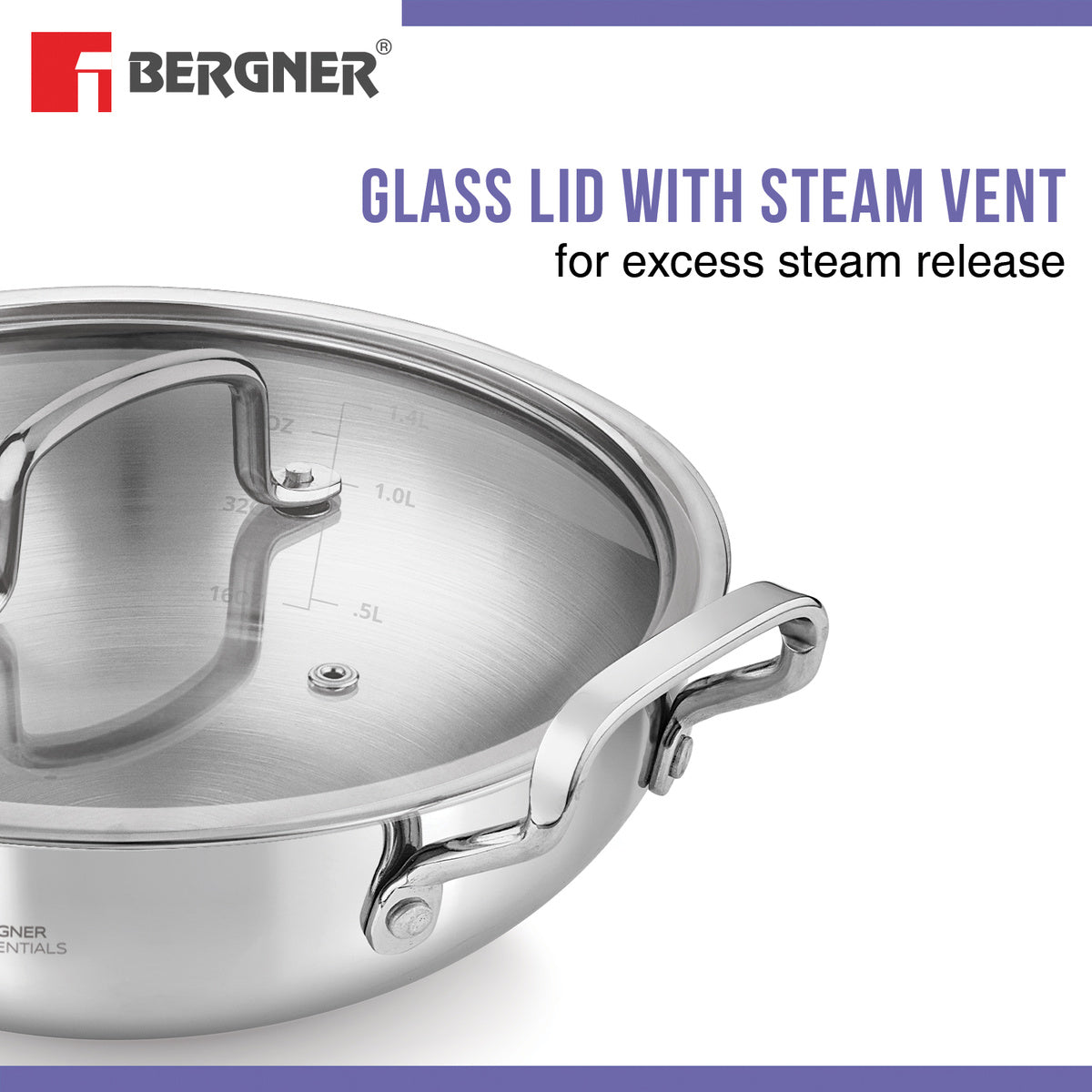 Bergner BE Essentials Triply Stainless Steel Kadai with Flat Glass Lid, Consumes Less Oil - Full Induction Bottom