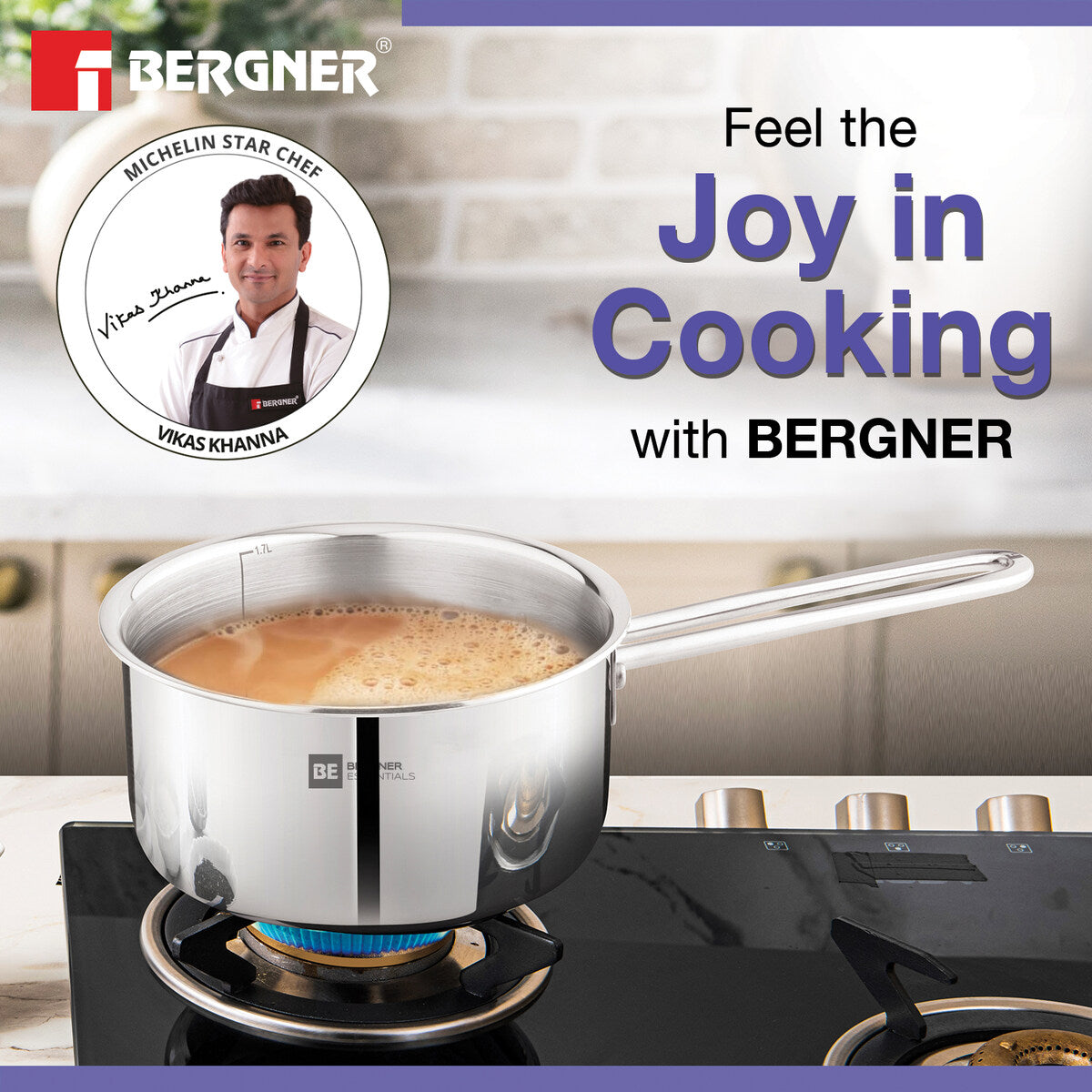 Bergner BE Essentials Tri-Ply Stainless Steel Teapan / Milk Pan with Stay Cool Handle - Full Induction Bottom (5-Year Warranty)