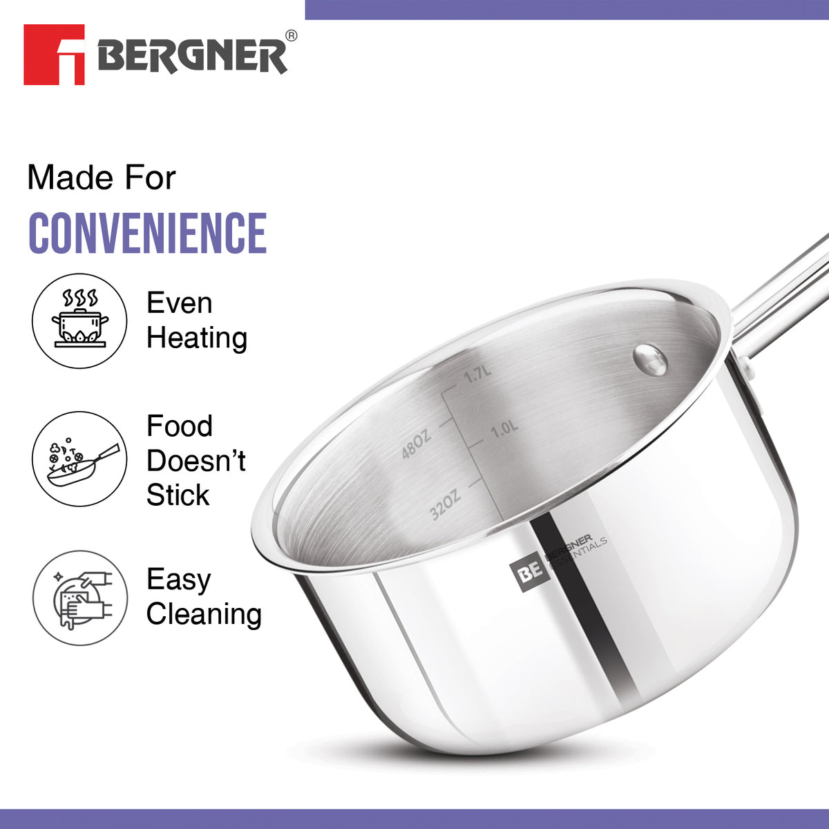 Bergner BE Essentials Triply Stainless Steel Teapan / Milk Pan with Rivetless Stay Cool Handle - Full Induction Bottom