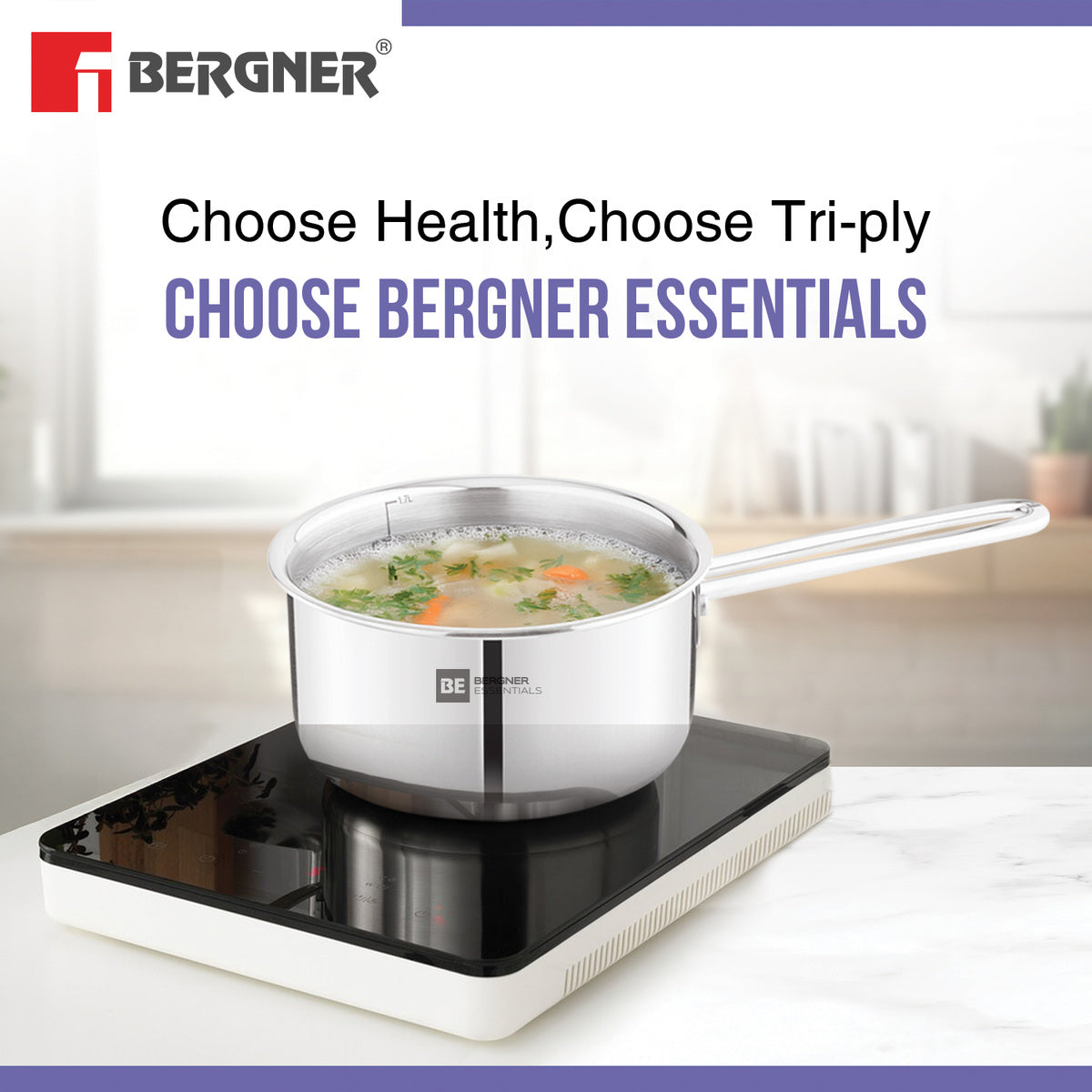 Bergner BE Essentials Triply Stainless Steel Teapan / Milk Pan with Rivetless Stay Cool Handle - Full Induction Bottom