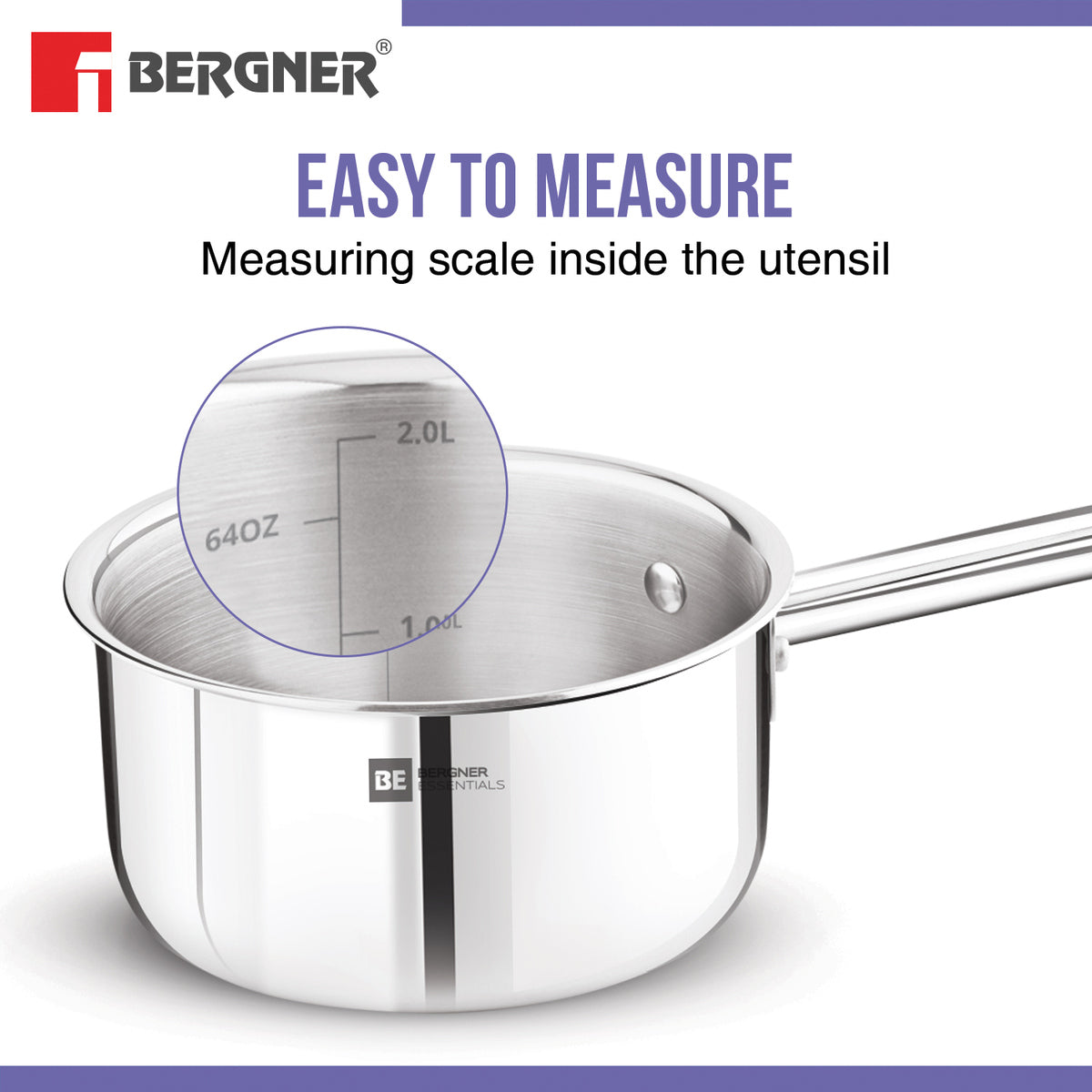 Bergner BE Essentials Triply Stainless Steel Teapan / Milk Pan with Rivetless Stay Cool Handle - Full Induction Bottom