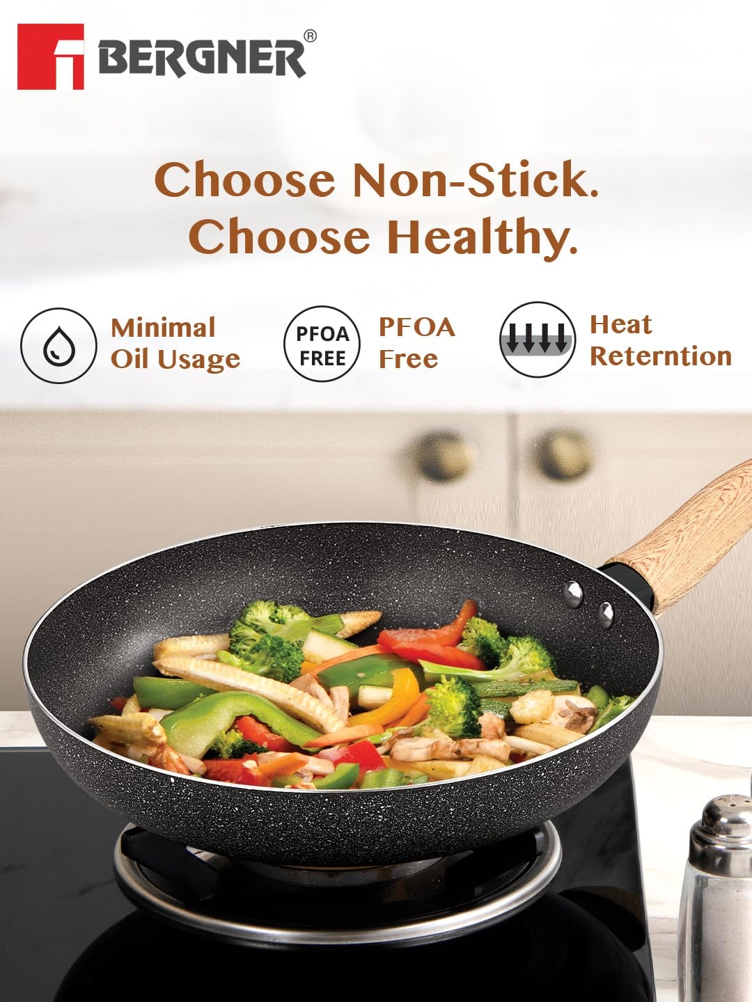 Bergner Earth Black Non-Stick Frypan, Consumes Less Oil - Induction Bottom