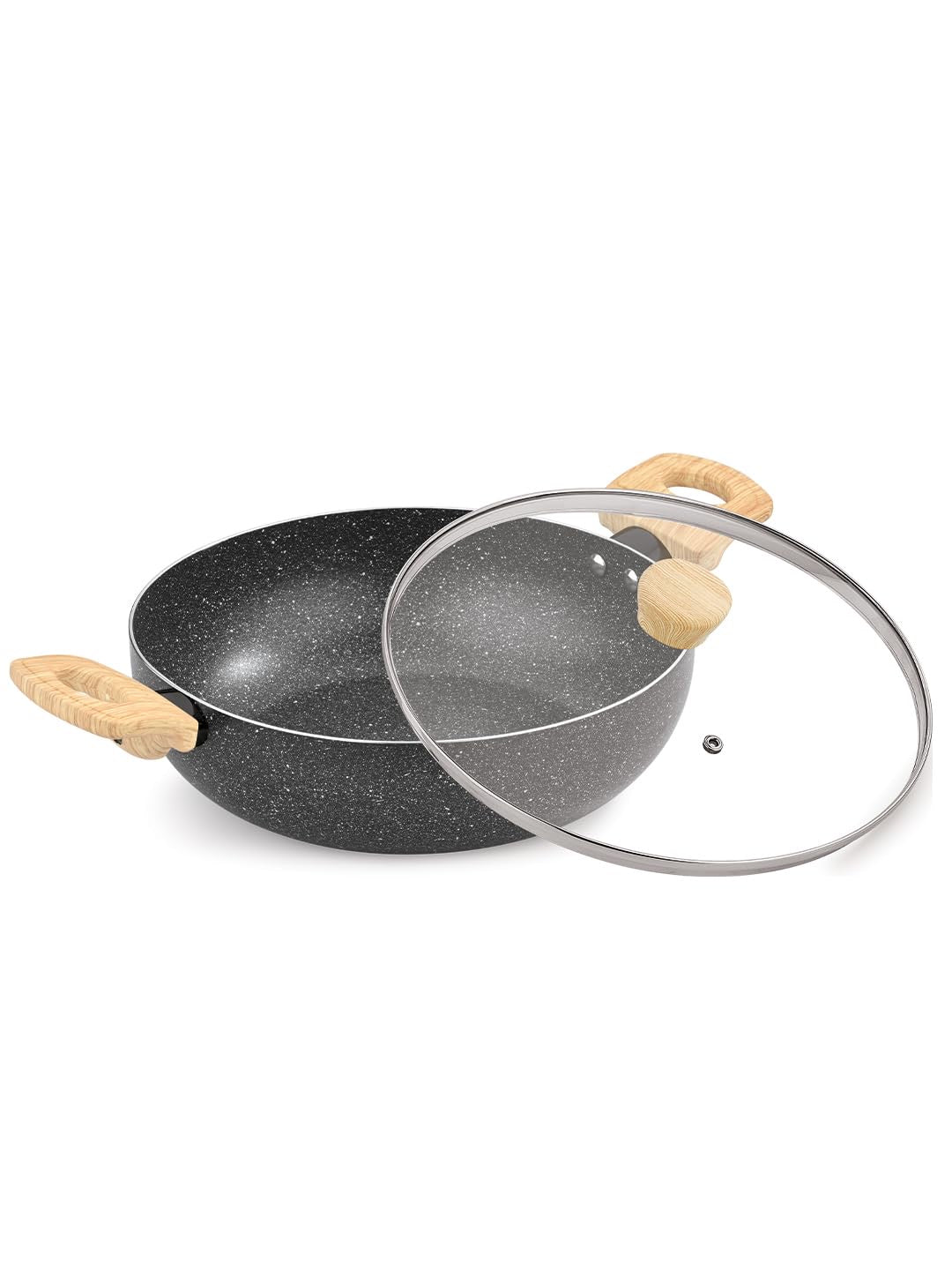 Bergner Earth Black Non-Stick Kadai with Glass Lid, Consumes Less Oil - Induction Bottom