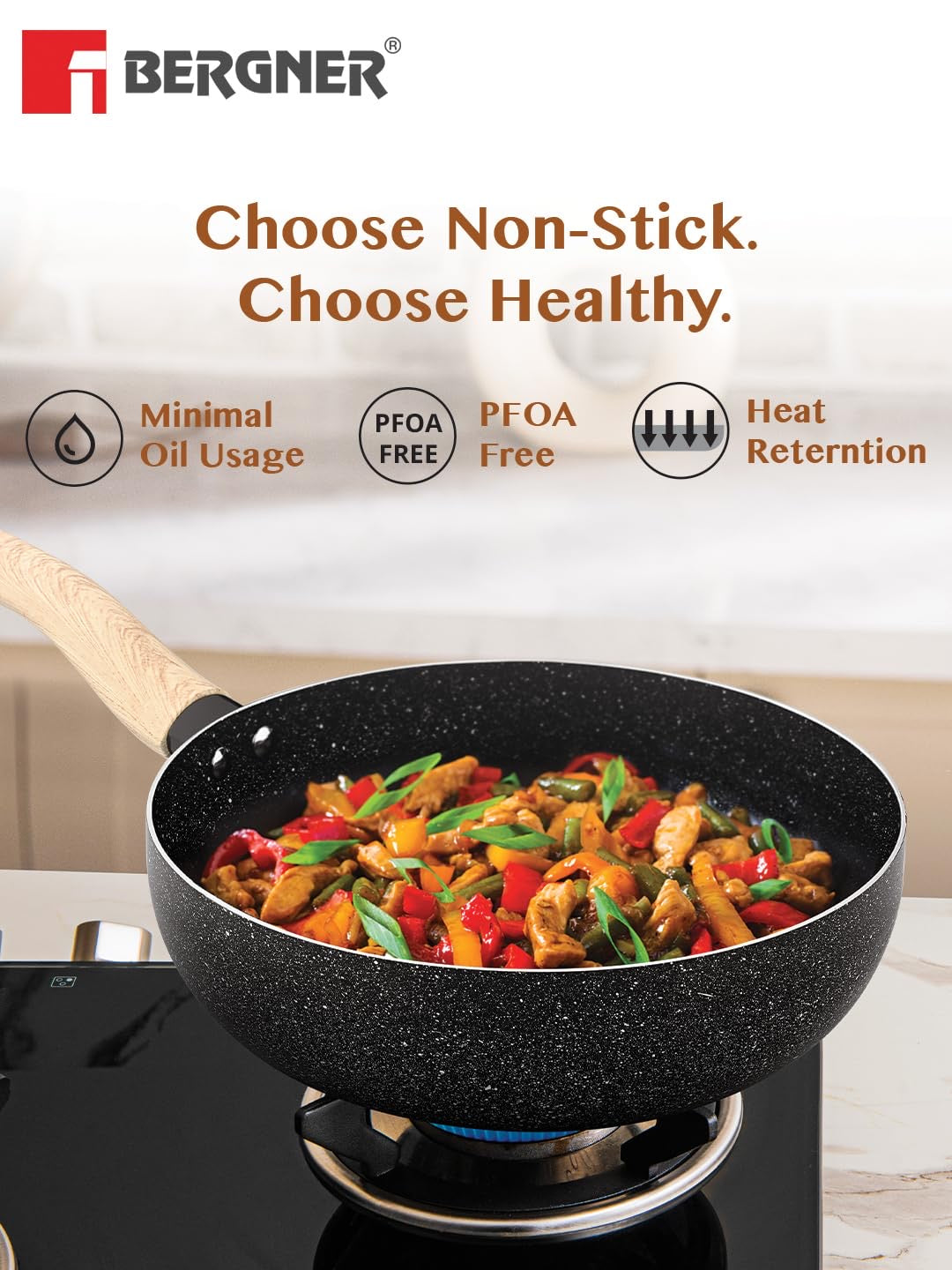 Bergner Earth Black Non-Stick 24 cm (3 L) Wok, Consumes Less Oil - Induction Bottom