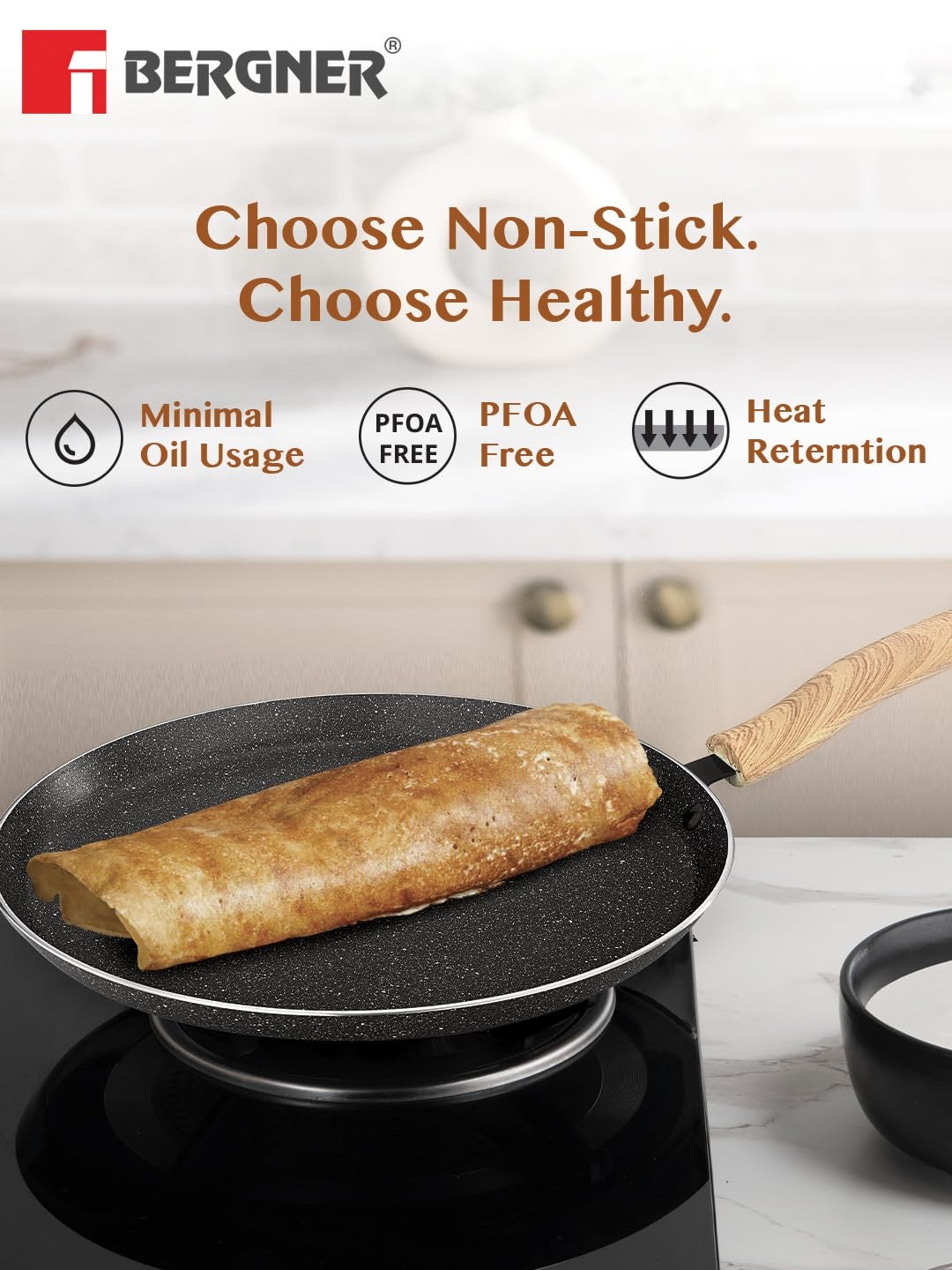 Bergner Earth Black Non-Stick Dosa Tawa, Consumes Less Oil - Induction Bottom