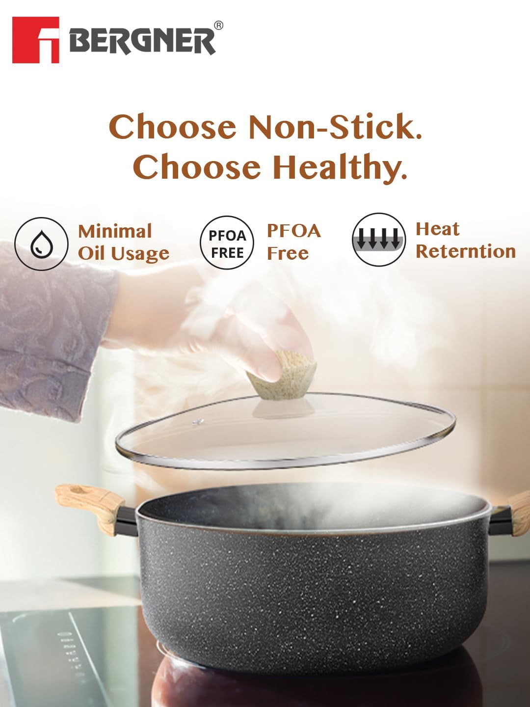 Bergner Earth Black Non-Stick Casserole with Glass Lid, Consumes Less Oil, White Marble Splatter - Induction Bottom