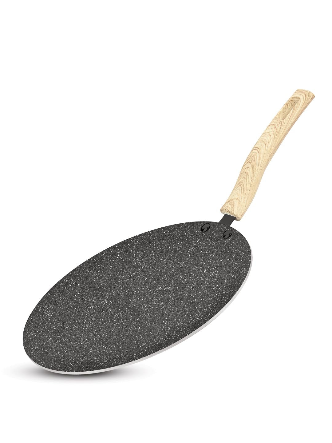 Bergner Earth Black Non-Stick 26 cm Concave Tawa, Wooden Finish Soft Touch Handle, Consumes Less Oil, Even Heat Distribution, White Marble Splatter - Induction Bottom