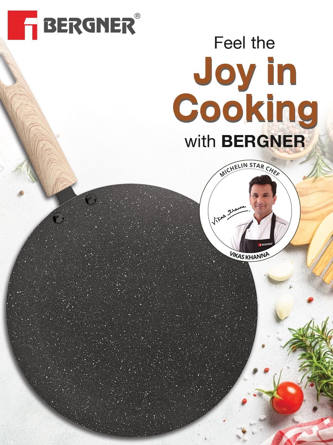 Bergner Earth Black Non-Stick 26 cm Concave Tawa, Wooden Finish Soft Touch Handle, Consumes Less Oil, Even Heat Distribution, White Marble Splatter - Induction Bottom