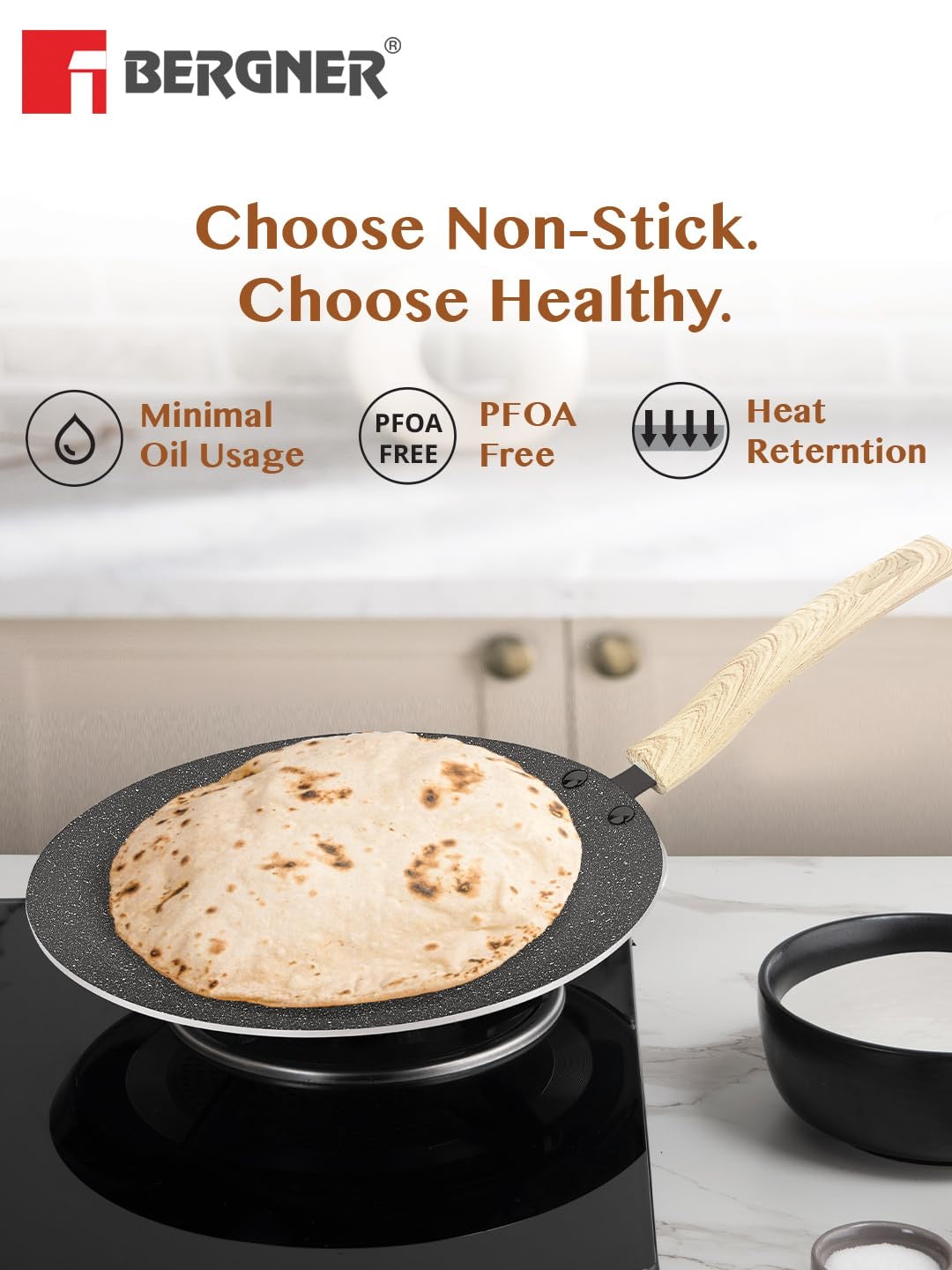 Bergner Earth Black Non-Stick 26 cm Concave Tawa, Wooden Finish Soft Touch Handle, Consumes Less Oil, Even Heat Distribution, White Marble Splatter - Induction Bottom