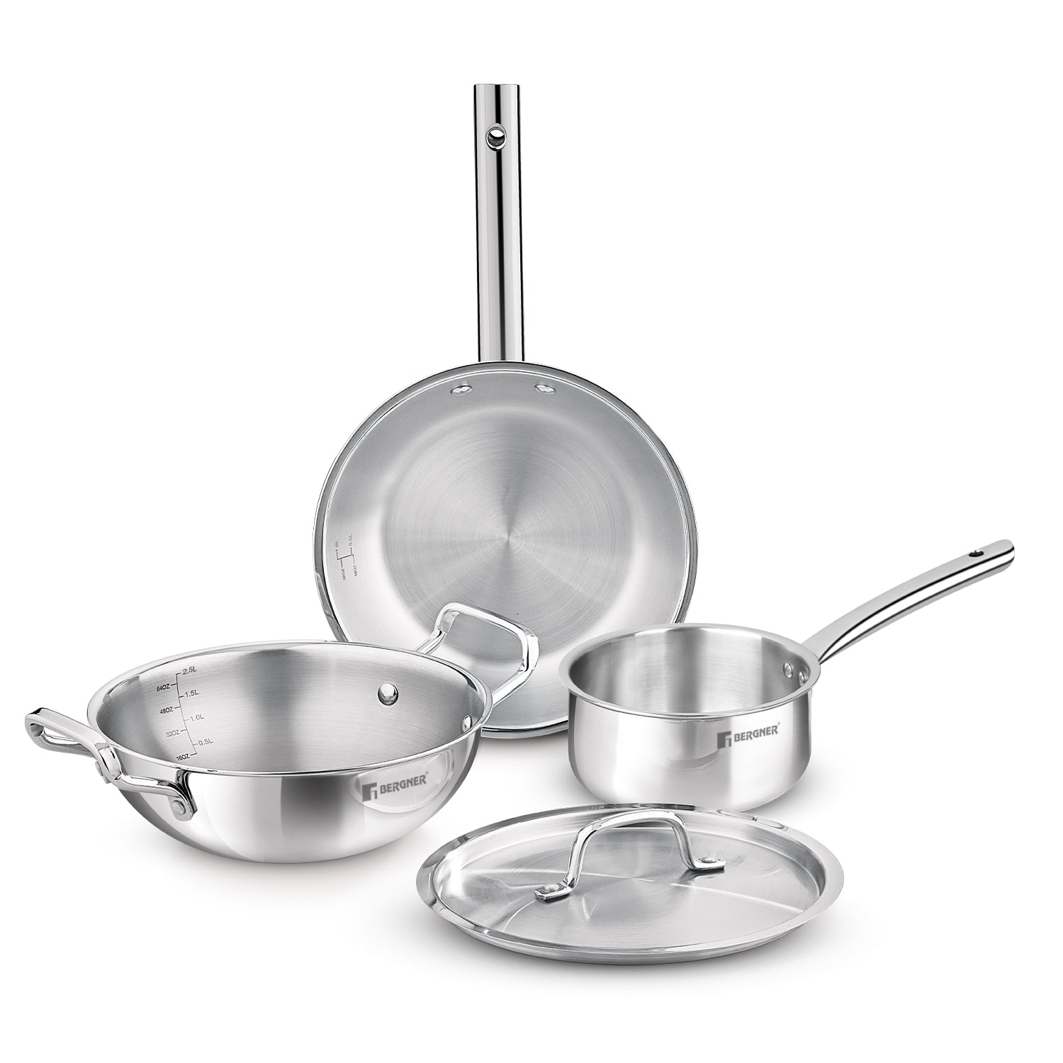 Bergner TriPro 4 pcs Tri-Ply Stainless Steel Induction Bottom Cookware Set - 22cm (2.1 L) Kadai and 22cm (1 L) Frypan with Common Stainless Steel Lid, 14cm (1.1 L) Teapan, Easy to Clean, Less Oil Use