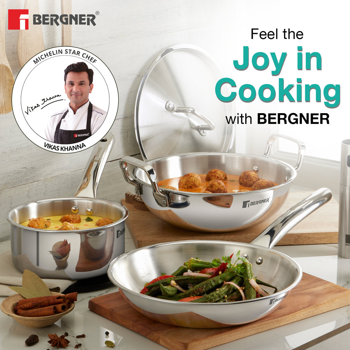 Bergner TriPro 4 pcs Tri-Ply Stainless Steel Induction Bottom Cookware Set - 22cm (2.1 L) Kadai and 22cm (1 L) Frypan with Common Stainless Steel Lid, 14cm (1.1 L) Teapan, Easy to Clean, Less Oil Use