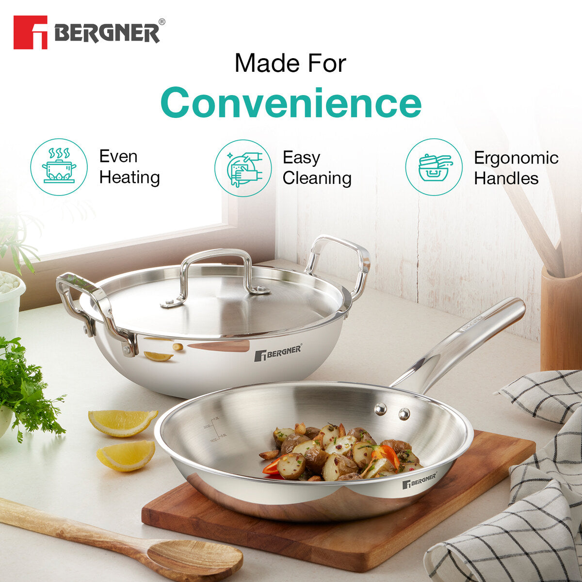 Bergner TriPro 4 pcs Tri-Ply Stainless Steel Induction Bottom Cookware Set - 22cm (2.1 L) Kadai and 22cm (1 L) Frypan with Common Stainless Steel Lid, 14cm (1.1 L) Teapan, Easy to Clean, Less Oil Use