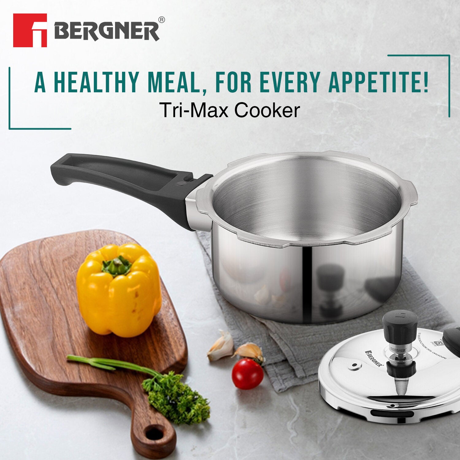 Bergner Tri-Max Junior TriPly Stainless Steel 1 Litre Outer Lid Mini Pressure Cooker - Induction Bottom and Gas Stove Ready