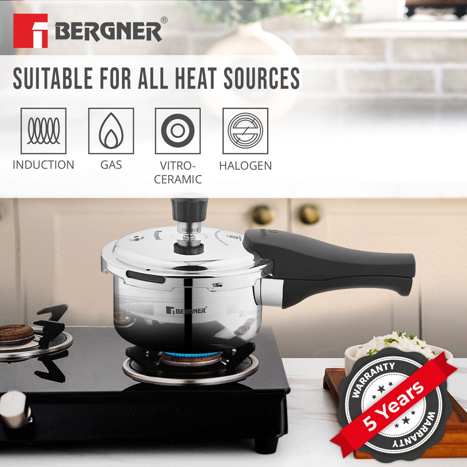 Bergner Tri-Max Junior TriPly Stainless Steel 1 Litre Outer Lid Mini Pressure Cooker - Induction Bottom and Gas Stove Ready