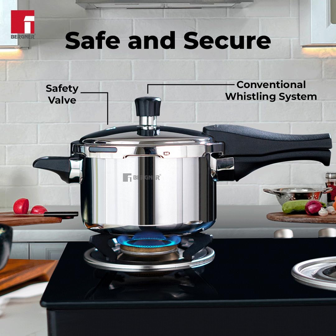 Bergner Trimax Stainless Steel Outer Lid Pressure Cooker, Easy Locking - Induction Bottom ( 5-Year Warranty)