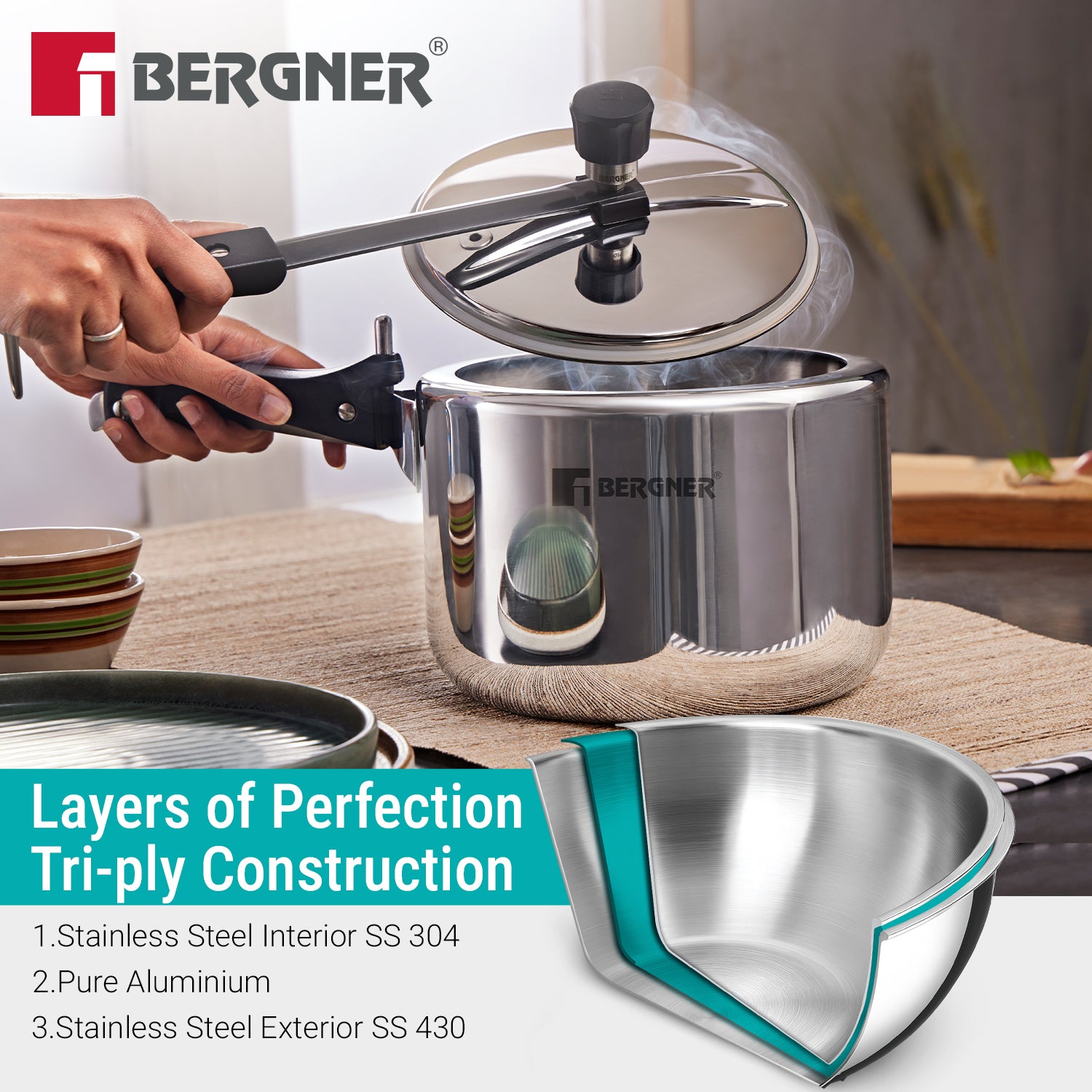 Argent Tri-Ply Stainless Steel Inner Lid Pressure Cooker