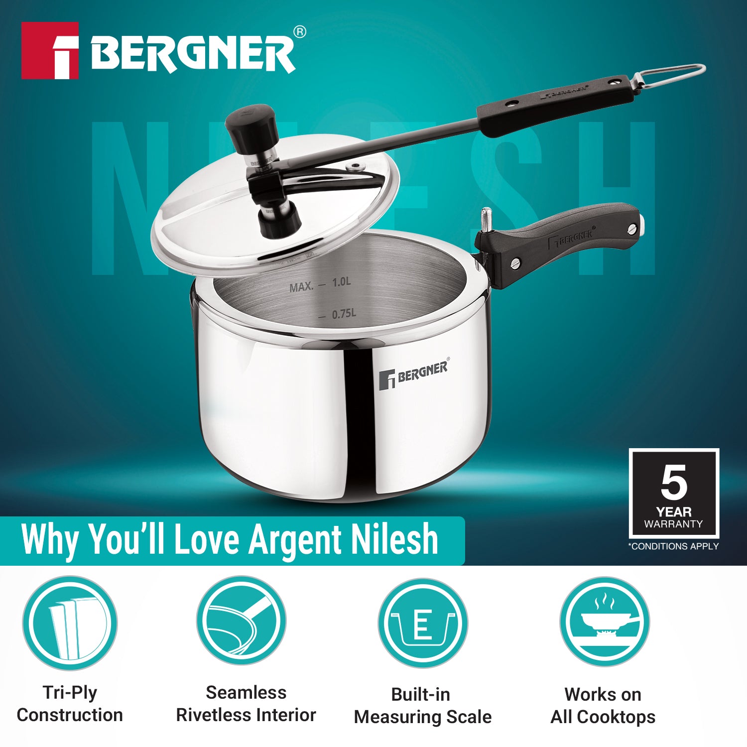 Argent Tri-Ply Stainless Steel Inner Lid Pressure Cooker