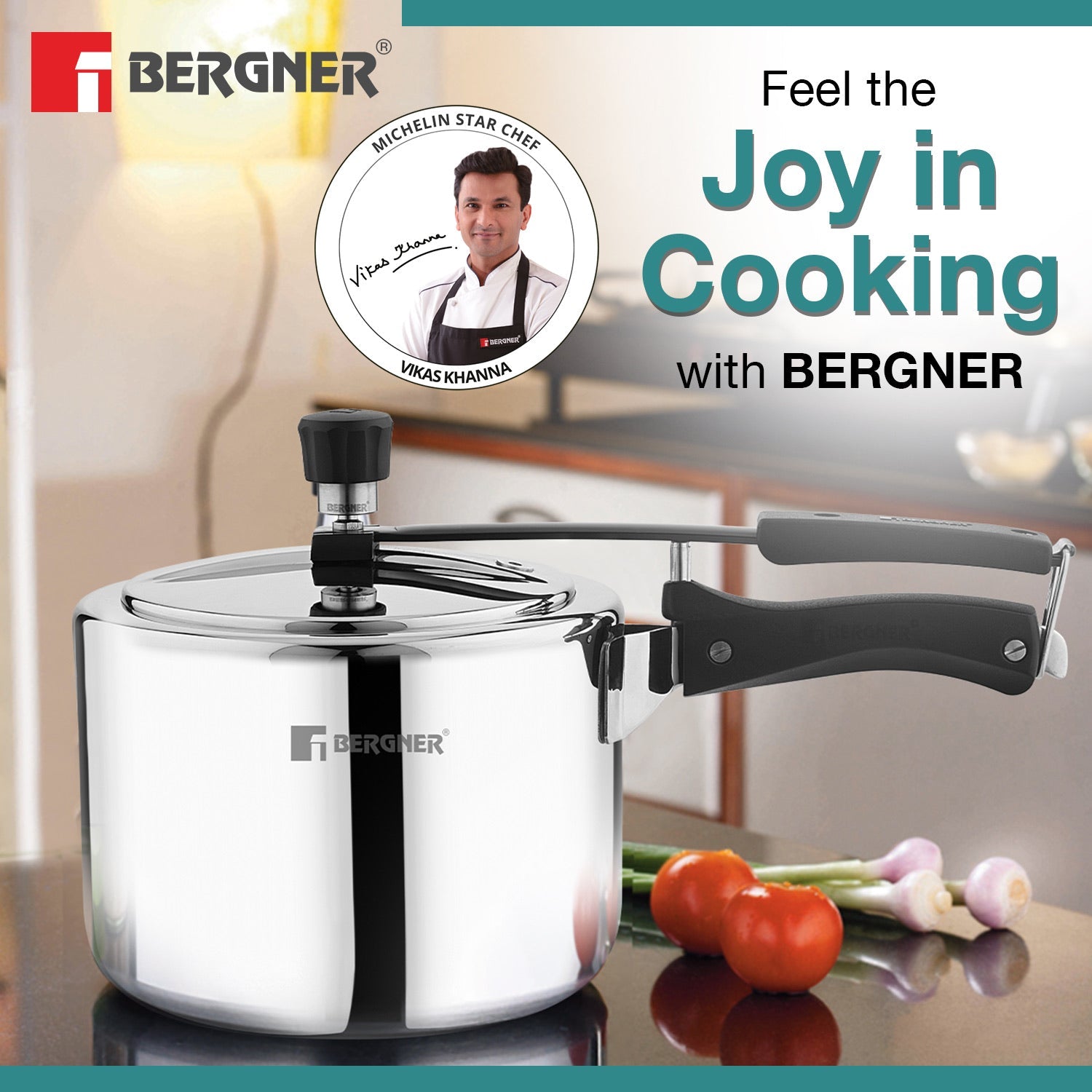 Bergner Argent Tri-Ply 18/10 Stainless Steel Inner Lid Pressure Cooker with Rivetless Technology, 2.5 mm Body Thickness - Induction Bottom (5-Year Warranty)