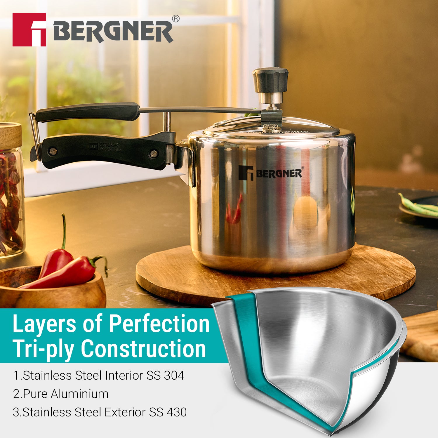 Argent Tri-Ply Stainless Steel Inner Lid 2.5L Pressure Cooker