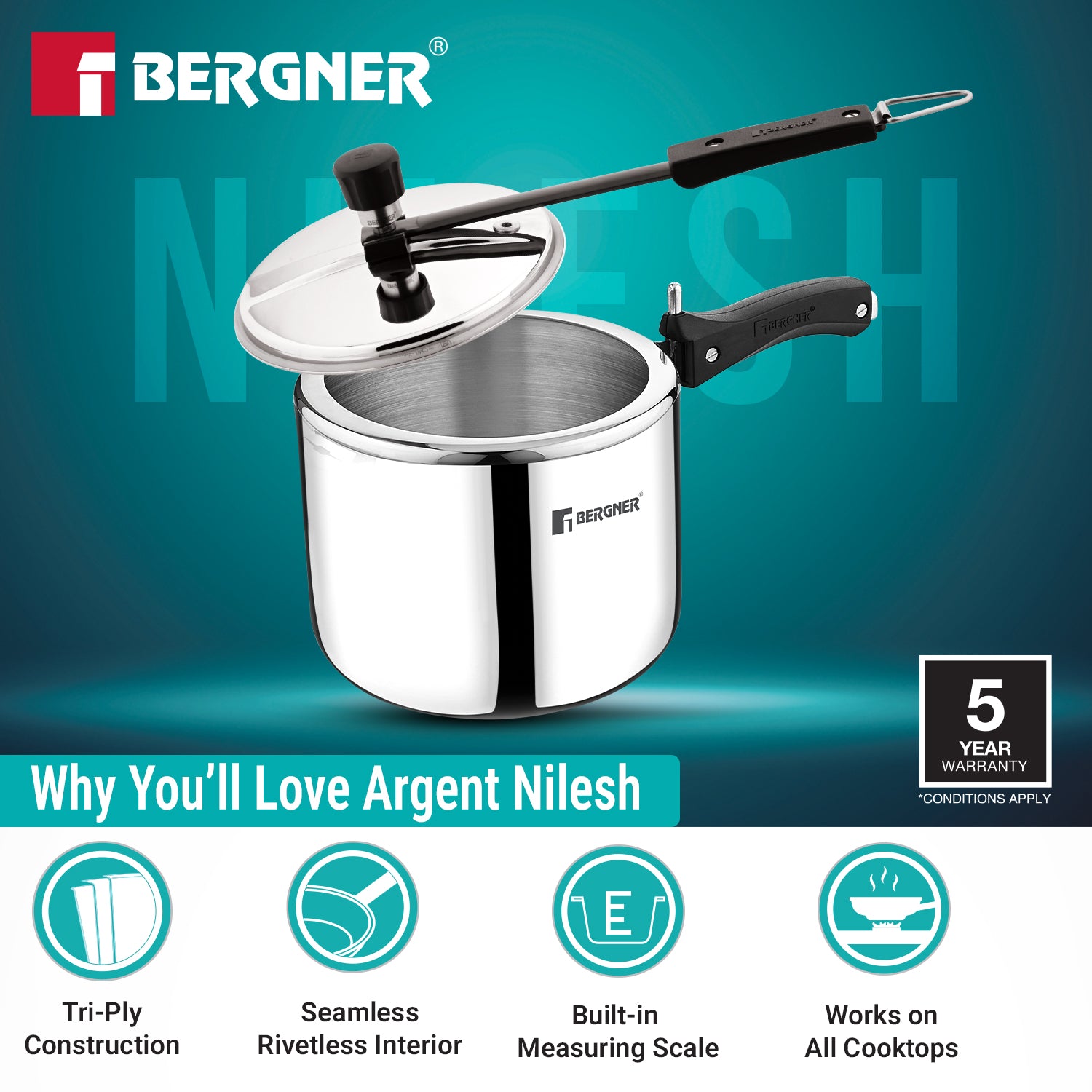 Argent Tri-Ply Stainless Steel Inner Lid 2.5L Pressure Cooker