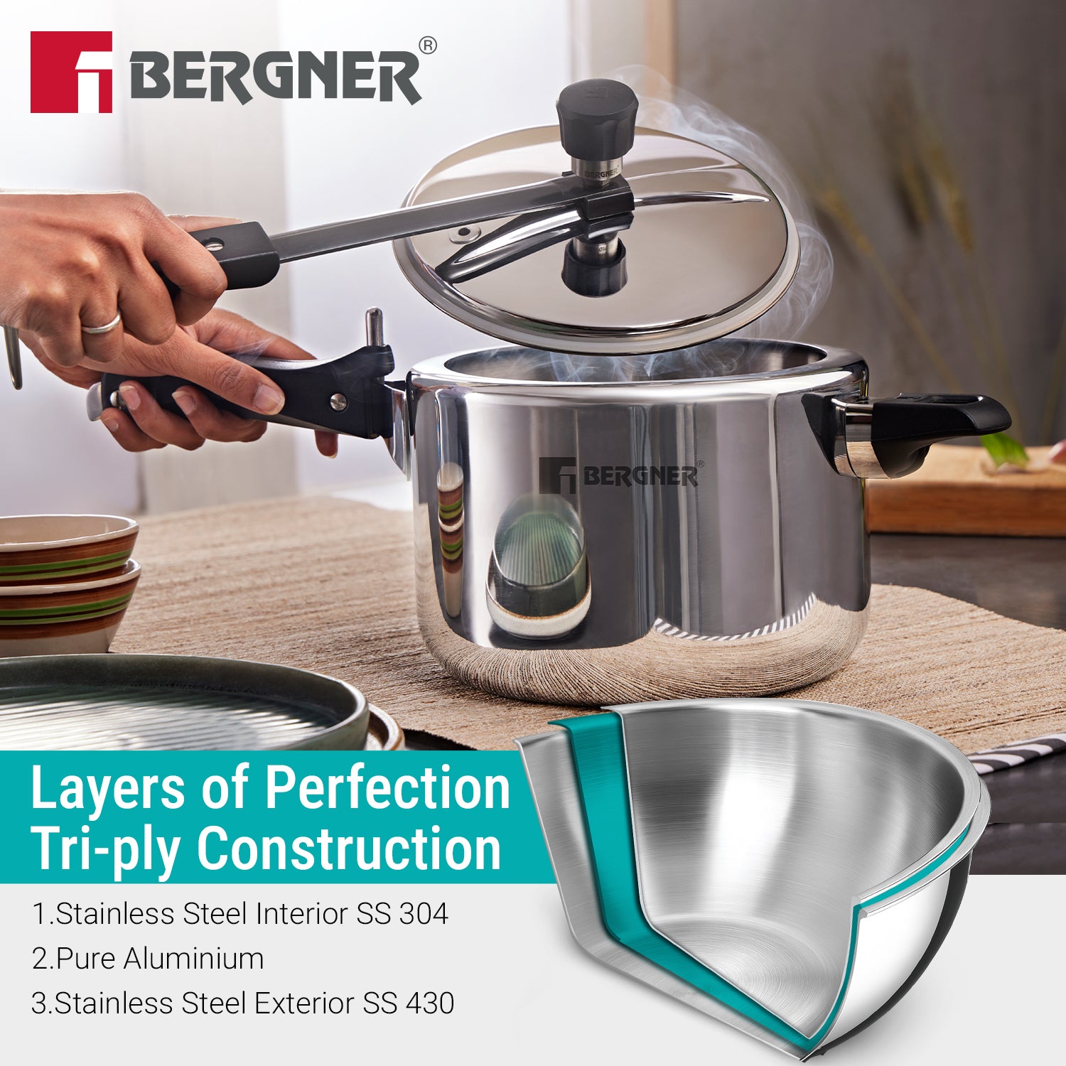 Argent Nilesh Tri-Ply Inner Lid 3.5L Pressure Cooker