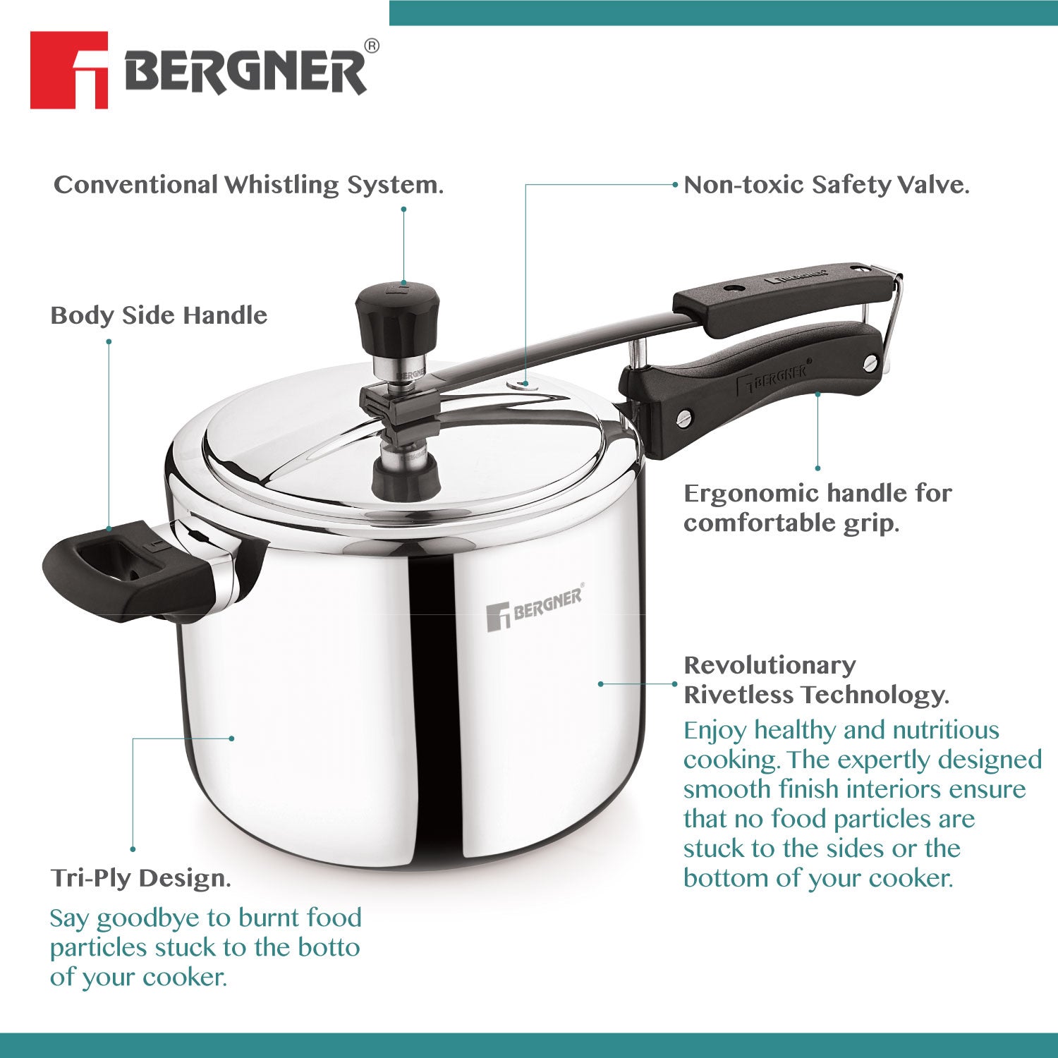 Bergner Argent TriPly 18/10 Stainless Steel Inner Lid Pressure Cooker with Rivetless Technology, 2.5 mm Body Thickness - Induction Bottom (5-Year Warranty)