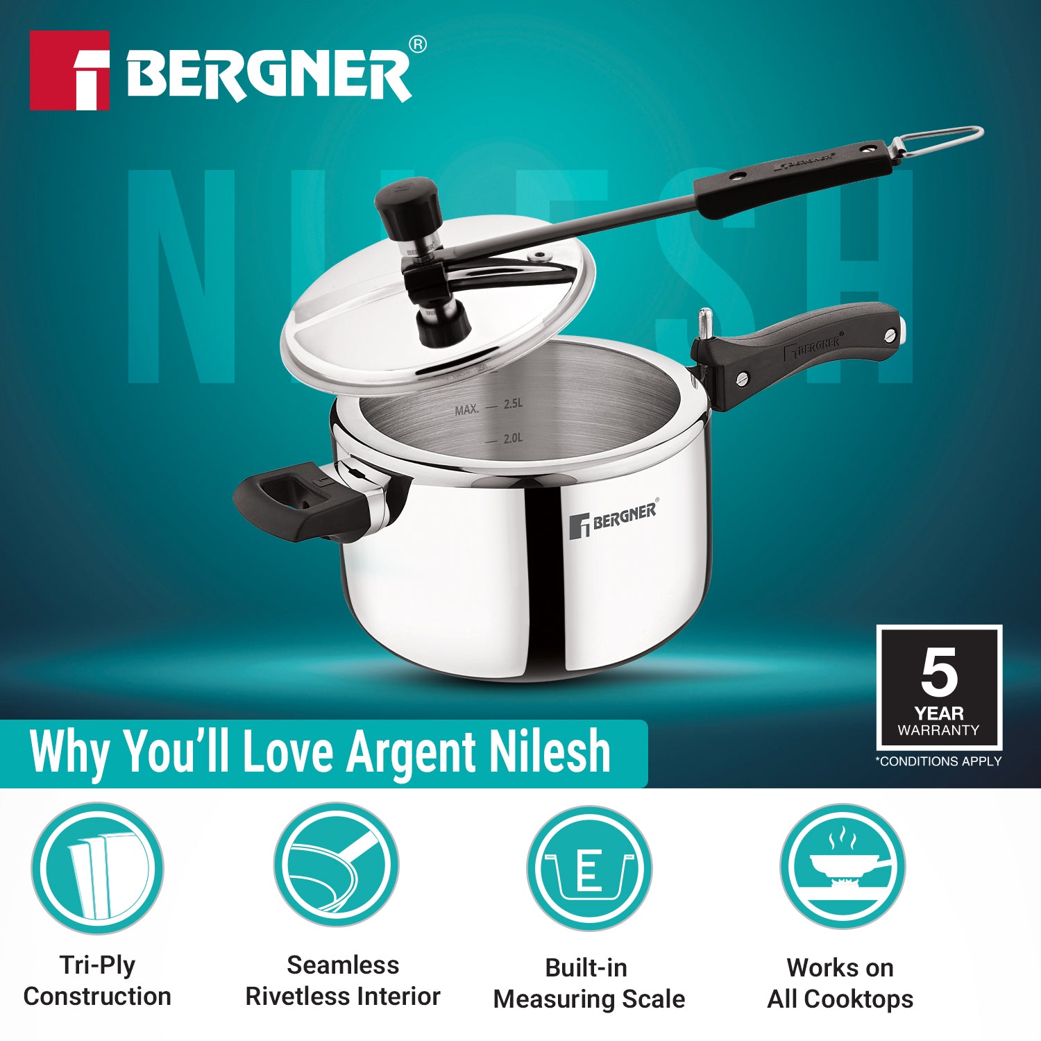 Argent Nilesh Tri-Ply Inner Lid 3.5L Pressure Cooker
