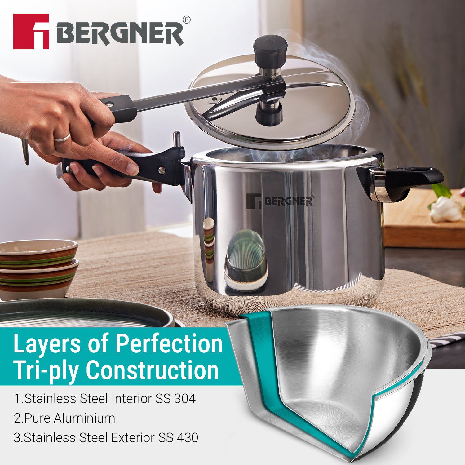 Argent Tri-Ply 18/8 Stainless Steel Inner Lid 5L  Pressure Cooker