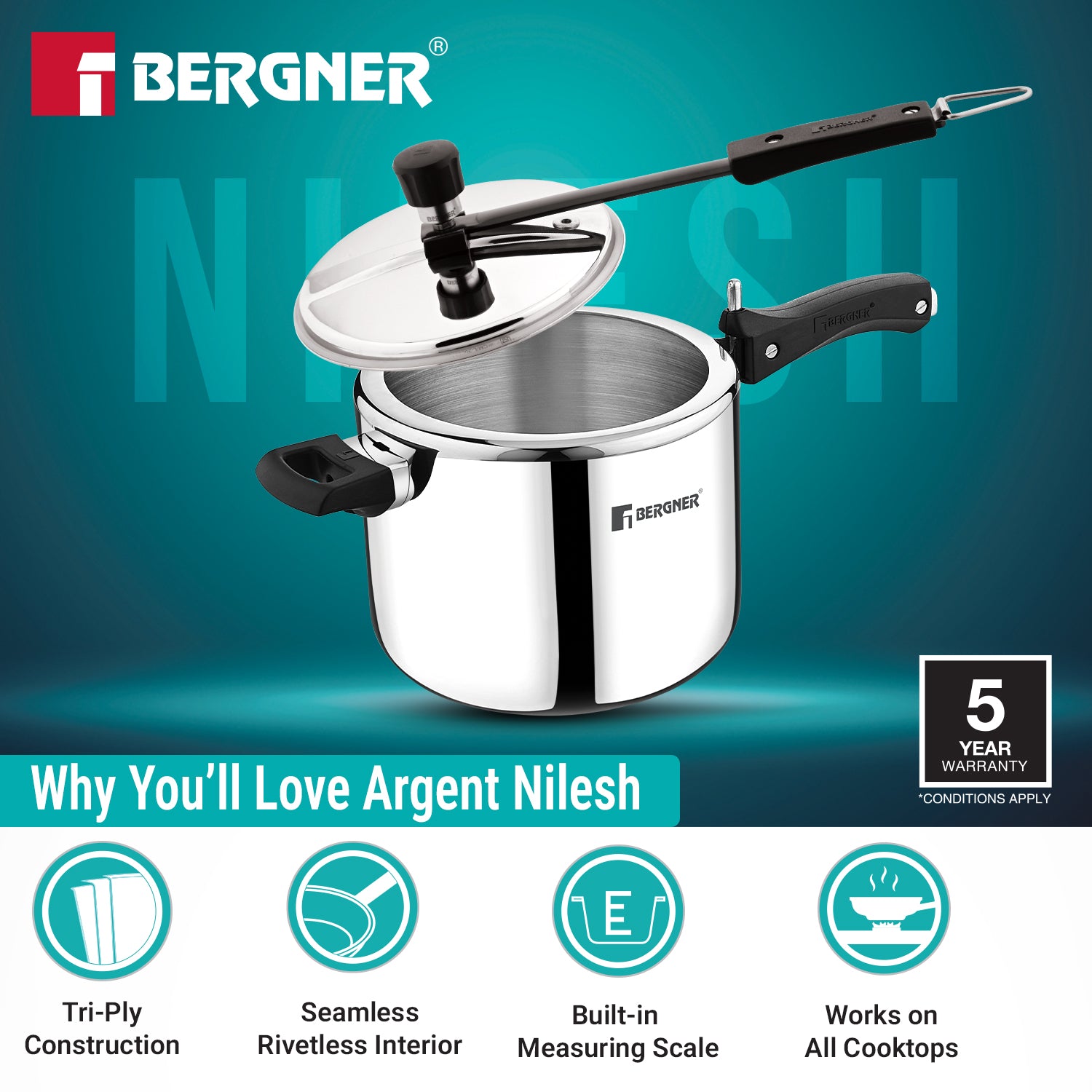 Argent Tri-Ply 18/8 Stainless Steel Inner Lid 5L  Pressure Cooker