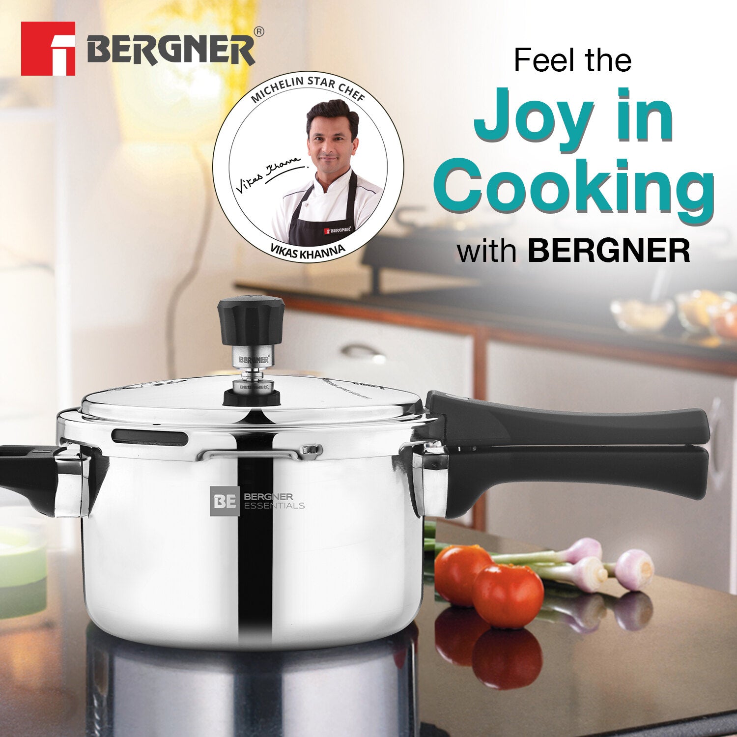 Bergner BE Essentials TriPro Tri-Ply Stainless Steel 3 Liters Outer Lid Pressure Cooker, Faster and Even Heating - Full Induction Bottom