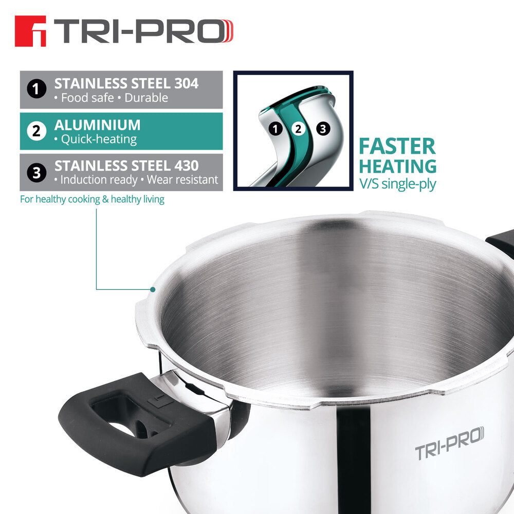 BE Essentials Tri-Ply Stainless Steel 3 L Outer Lid Pressure Cooker - Full Induction Bottom